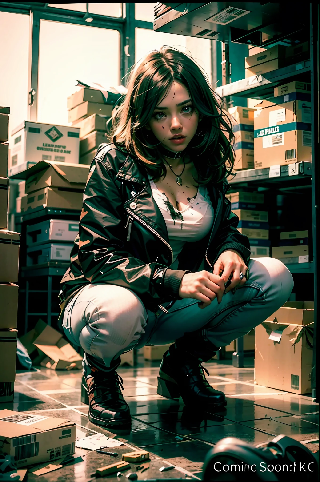 college girl crouching in murder crime scene in warehouse, crime scene, dead body, dark warehouse, cinematic, 8k