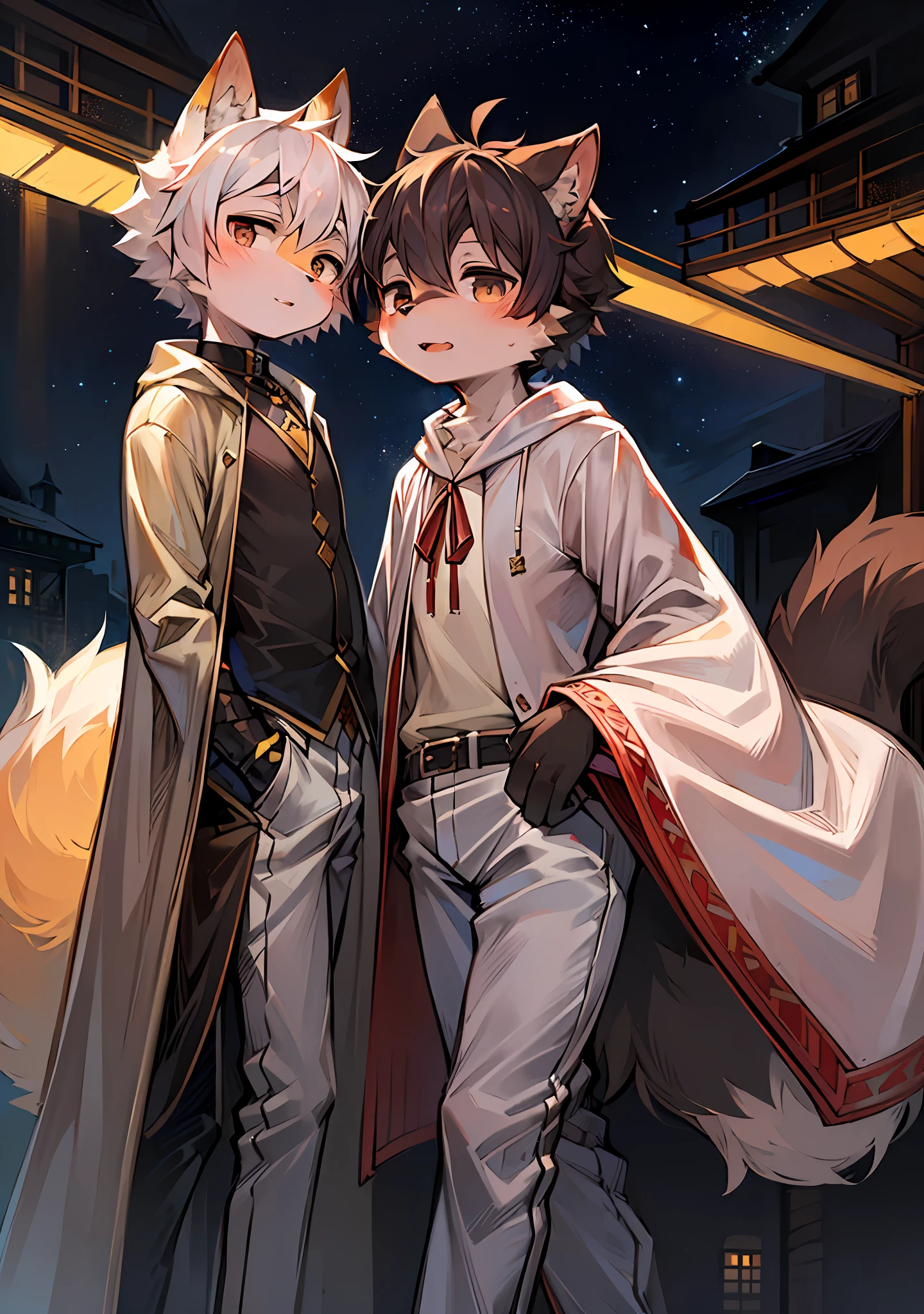 (Bright Environment: 0.8), Masterpiece, High Quality, Abstract Res, Digital Painting\(Artwork\), by Dagasi, Yupa, Kiyosan, (Anthro, Fluffy Fur, Character Focus: 1.1), Anthro Male Cat, Short Hair, Portrait , bright eyes, panorama, character focus. (Detailed background: 0.7), Furry, Furry male, Male focus, Anthr, (full body fur, fluffy big tail, white fur, black eyes: 1.2), (long canine, junior high school student, pure white robe, white trousers, white top: 1.2), (starry sky, golden point of light, starry sky, knife drawn: 1.1)