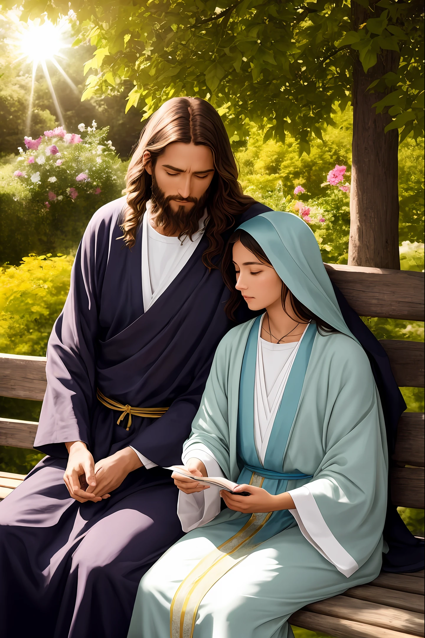 Clear! Here's the prompt for the ultra realistic image:
"Describe a moving and inspiring scene in which Jesus Christ, with a realistic and human appearance, is sitting on a rustic wooden bench, in a serene, sunlit garden. He is dressed in a simple white tunic, with long brown hair and a carefully trimmed beard. His gaze is soft and compassionate, conveying a divine wisdom.
Next to Jesus is Peter, a mature-looking man with striking features. He is seated with an expression of deep admiration and respect, delighted by the presence of the Master. Peter is holding an ancient scroll in his calloused hands, while Jesus tenderly points to a specific verse, discussing it with passion.
Natural light highlights the features of both, highlighting the carefully depicted details in the wrinkles, facial hair, aged hands, and expressive facial expressions that convey the depth of their scripture dialogues. The calm atmosphere is filled with an aura of serenity and divine wisdom, which surrounds the scene and conveys a sense of peace and inspiration to the viewers.
The surrounding nature accompanies the grandeur of the moment, with leafy trees and vibrant flowers stretching along the garden, illuminated by the gentle rays of the setting sun. A gentle breeze shakes the leaves and creates a light movement in Jesus' robes, bringing even more liveliness to the scene.
Through this ultra-realistic image, we want to portray the profound encounter between Jesus Christ and Peter, capturing the essence of divine wisdom being conveyed through an intimate conversation about the scriptures. The image should convey a sense of spiritual connection and a powerful witness to Christian faith and love."