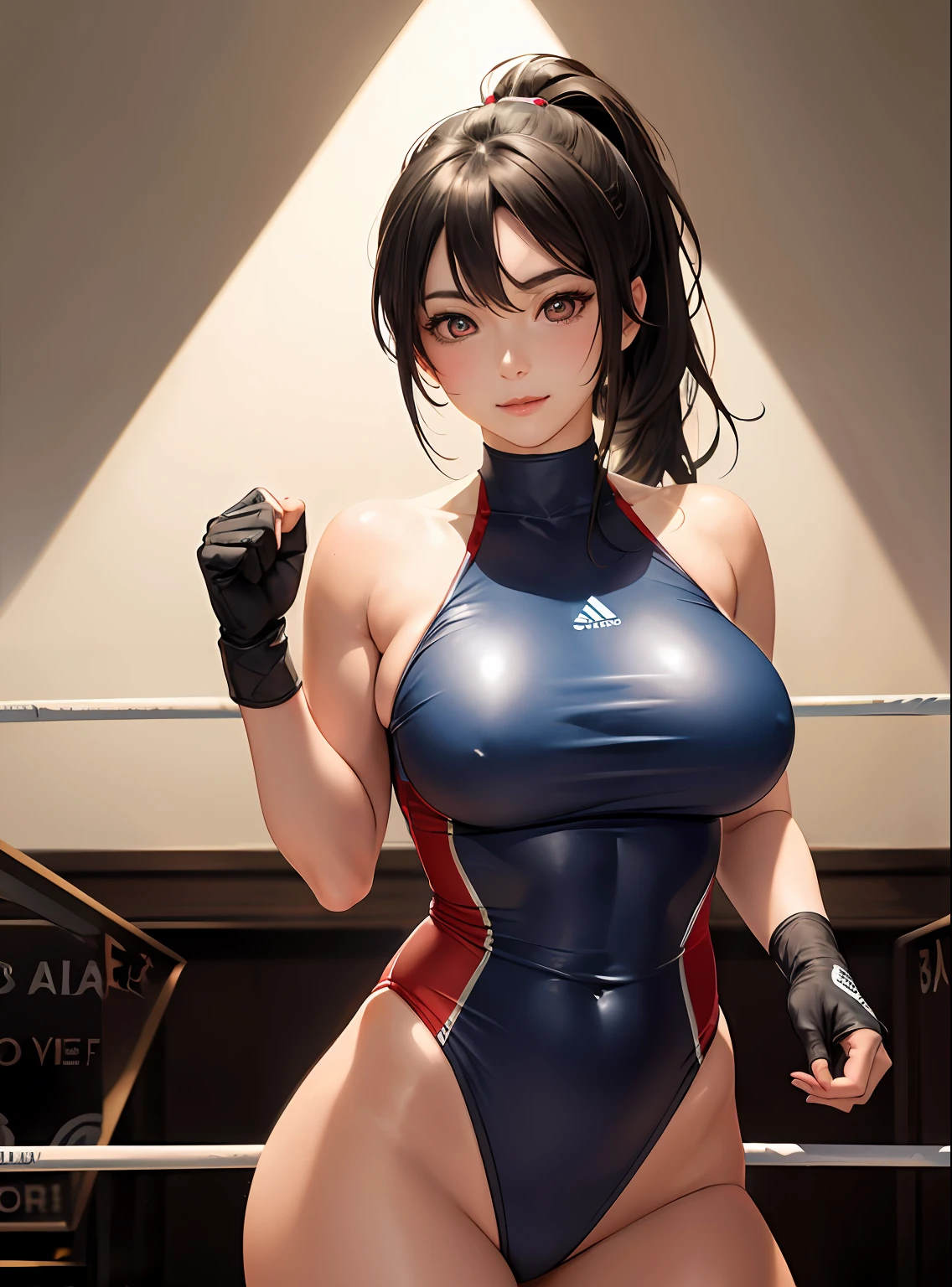 wrestling outfit, wrestling ring, wrestling gloves, wrestling match, mature female, black hair, very long hair, shiny hair, ponytail, shiny skin, blush, light smile, full body, medium breasts, , wide hips, huge ass, 1girl, masterpiece, best quality, (highres), absurdres, 4K, 8K, 16K, beautiful face, beautiful body, symmetrical face, gorgeous, deep eyes, realistic shaded, stunning, intricate, hyper-detailed, highly detailed, sharp, smooth, sharp focus, realistic, anime, manga, ((ringed eyes)),
