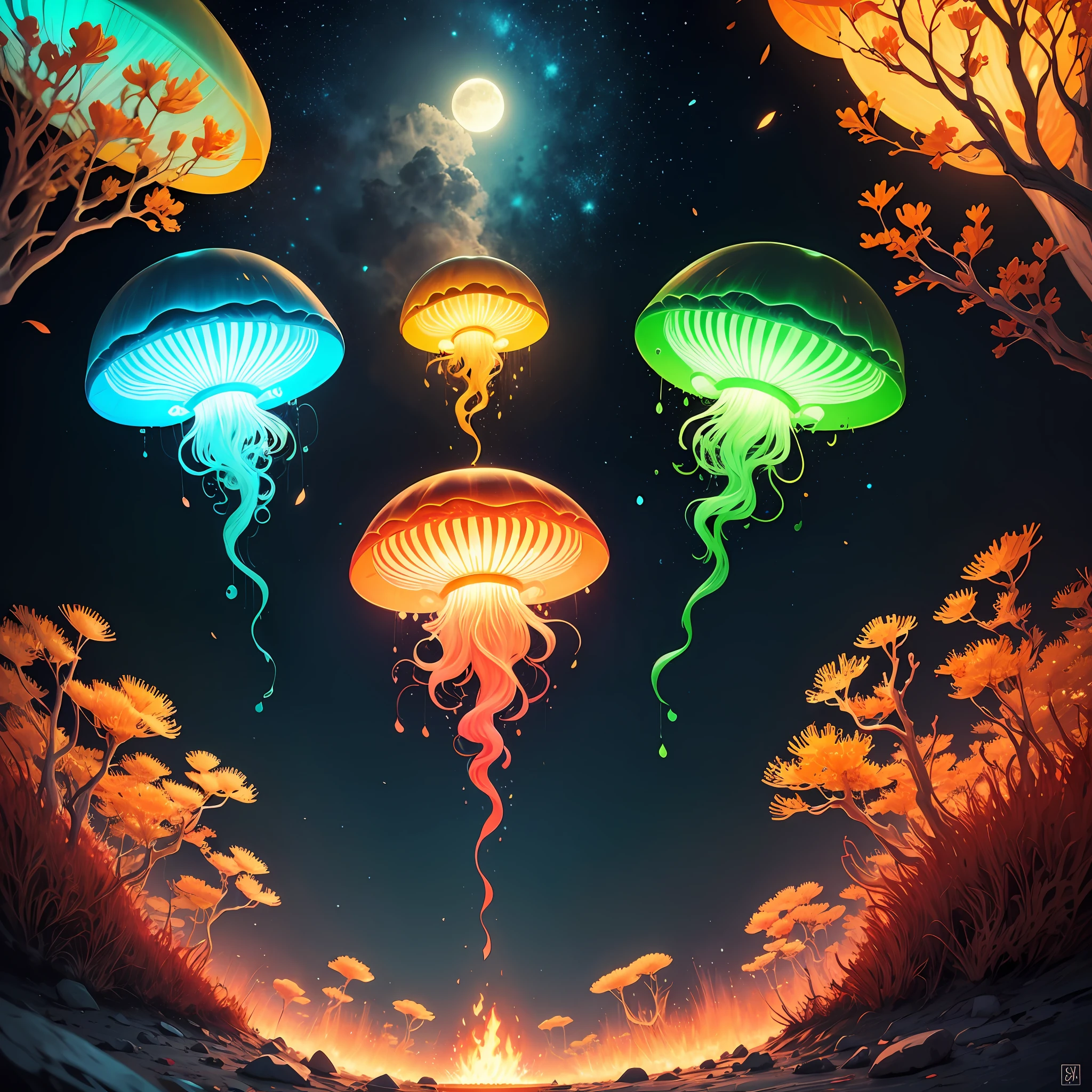 Moon jellyfish: 10, Fire coral, Blacklight paintings, 2d, centered, t shirt illustration, no mockup --auto