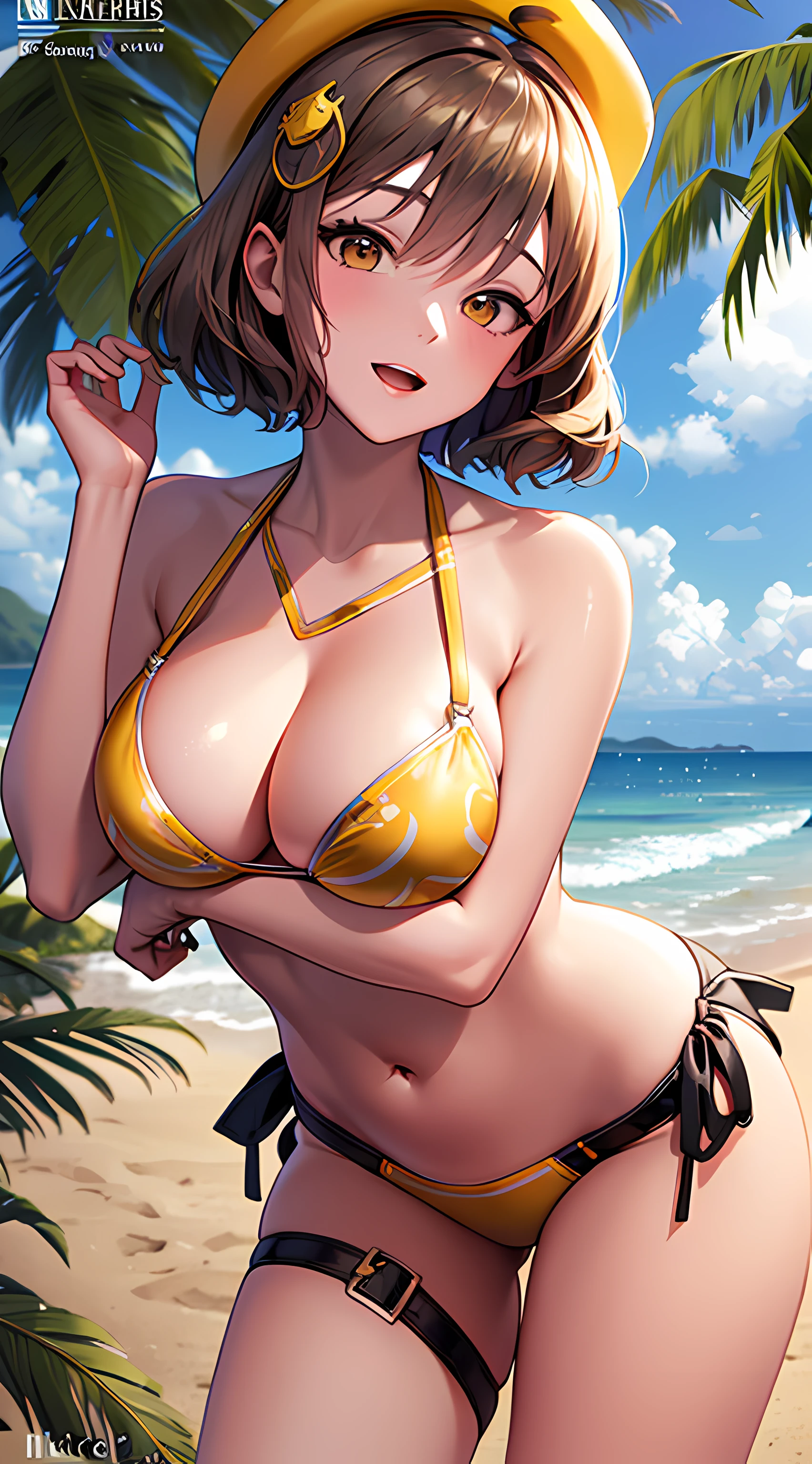 Best Quality, Ultra-Detailed,,1girl, Solo, Nikkeanis, Cross-Eyed, short_hair, open_mouth, Large breasts, Very Bending Down, Near, Big Thigh, brown_hair, hair_ornament, brown_eyes,yellow_eyes, Beret, Cowboy Shot, (Bikini:1.3), Beach, Summer, Silky Pale White, Shiny Skin