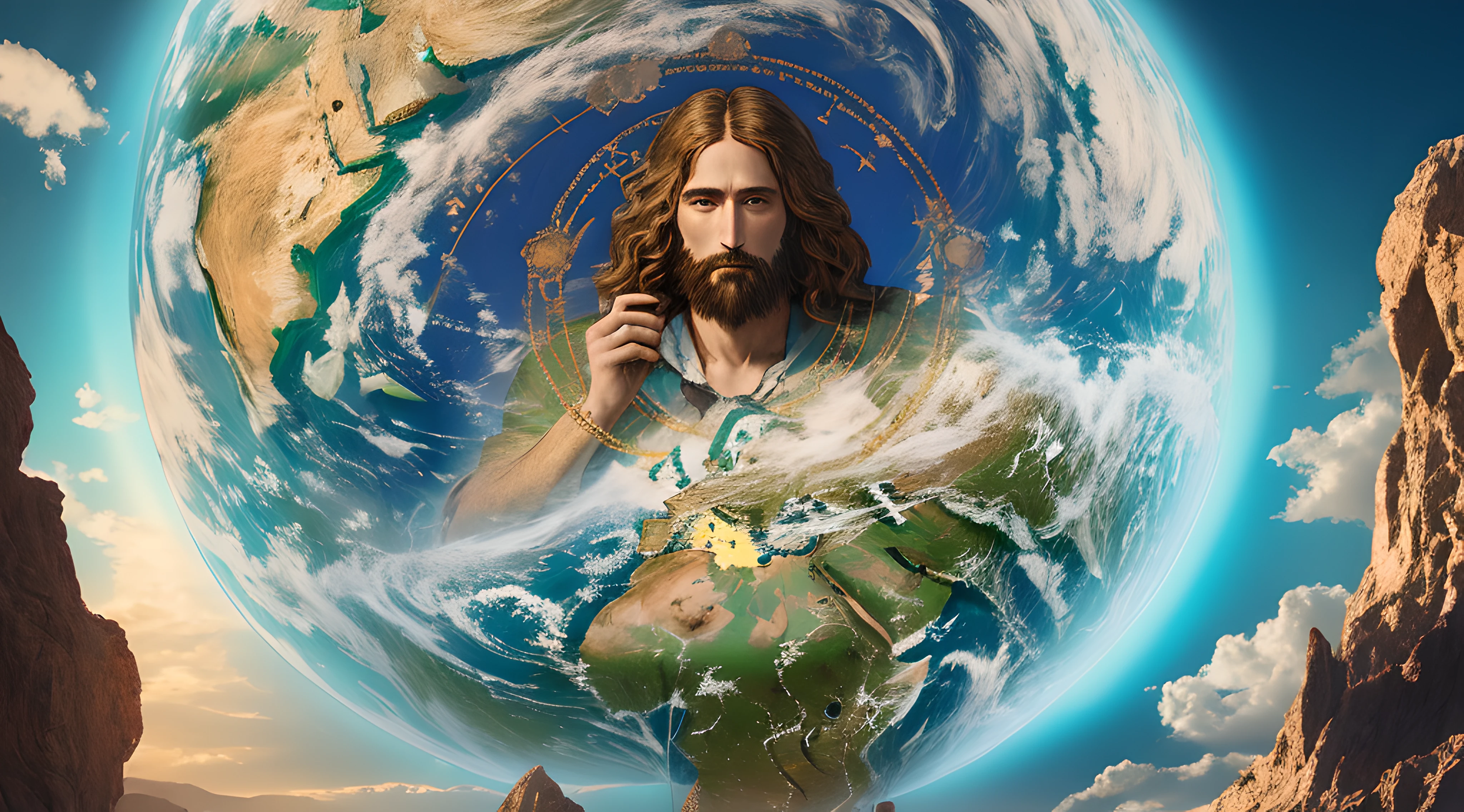 "Realistic 8k masterpiece with perfect anatomy: Jesus Christ holding planet Earth in one hand, with an undeformed face."