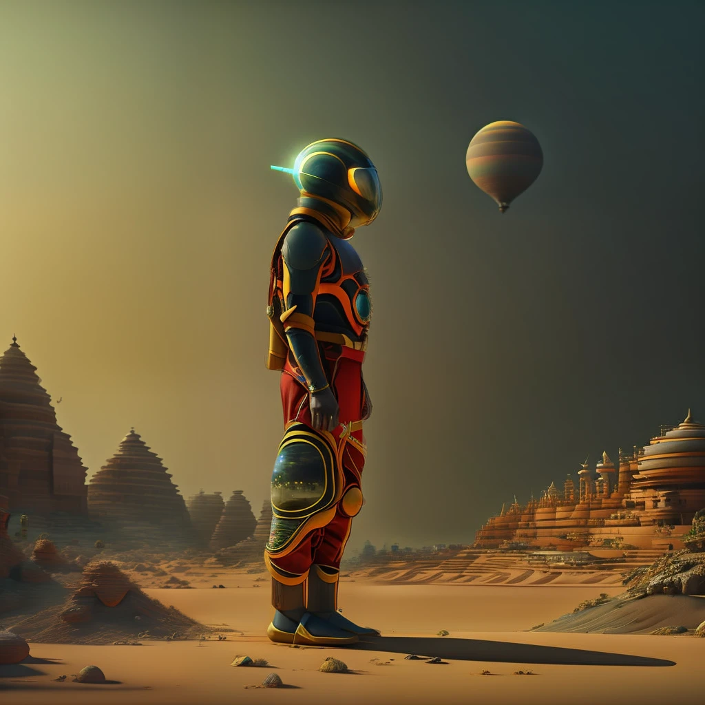 Portrait of an indigenous man wearing futuristic costumes, Front view, a Medusozoa alien world in the background, in the style of Nadav Kander -V 5
