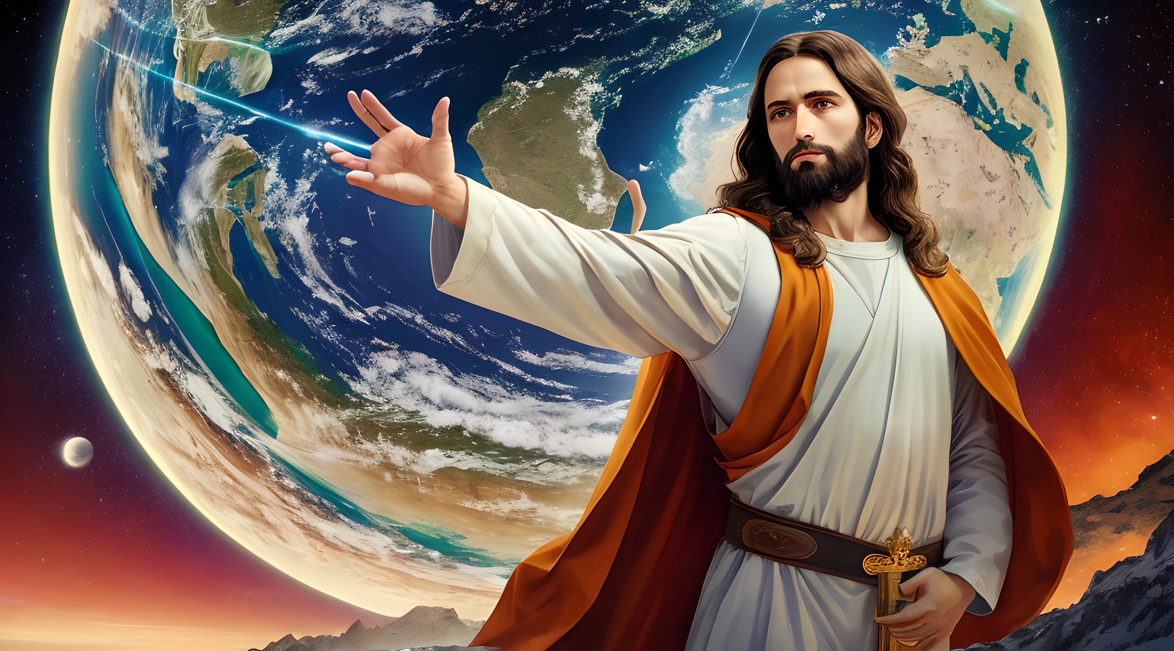 Realistic 8k masterpiece with perfect anatomy: Jesus Christ holding planet Earth in one hand, with an undeformed face