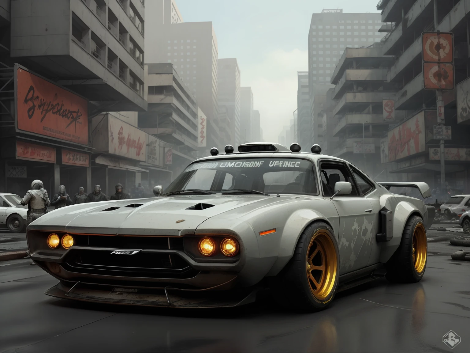 a 3/4 front view of ((futuristic cyberpunk apocalypse hotrod zeekars)) (with shiny tires), on the road, apocalypse