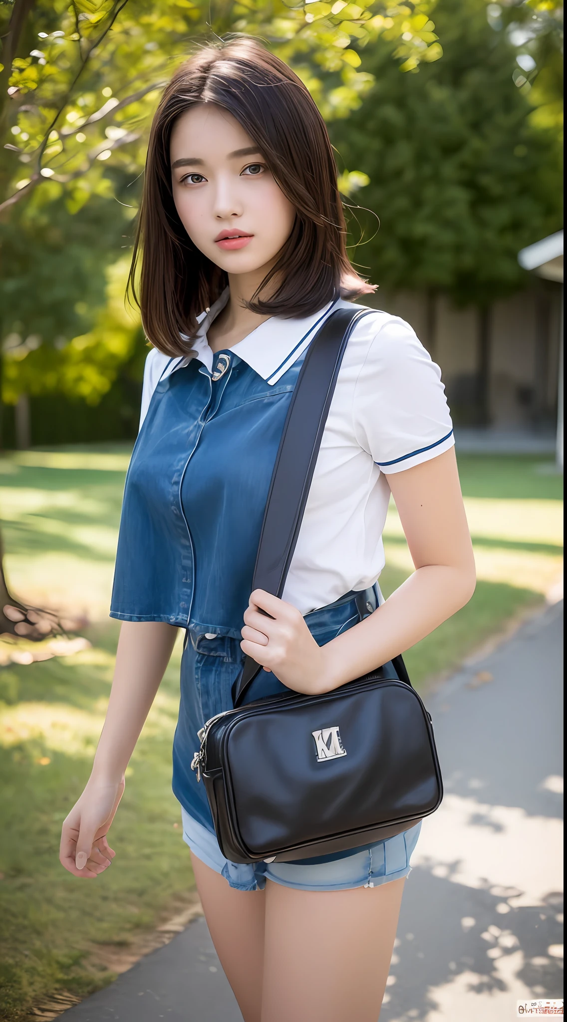 ((Top Quality, 8k, Masterpiece: 1.3)), Young Woman, 1 Woman, Small, Junior High School, Slender Figure: 1.1, Short Sture, Dark Brown Hair, Naked, Carrying a School Bag, Detailed Lips, Detailed Eyes, Double Eyelids, M-Shaped Legs