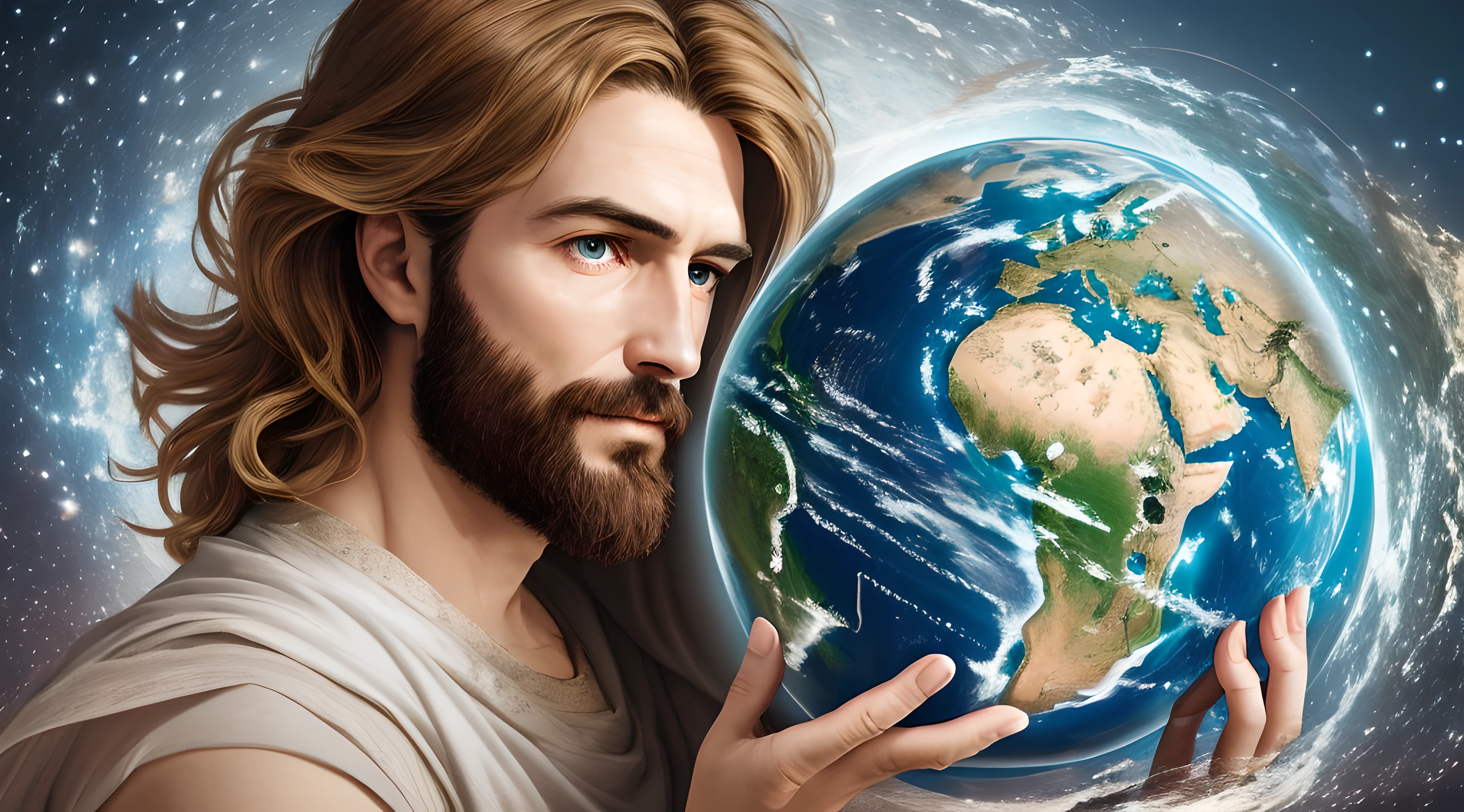 Realistic 8k masterpiece with perfect anatomy: Jesus Christ holding planet Earth in one hand, with an undeformed face