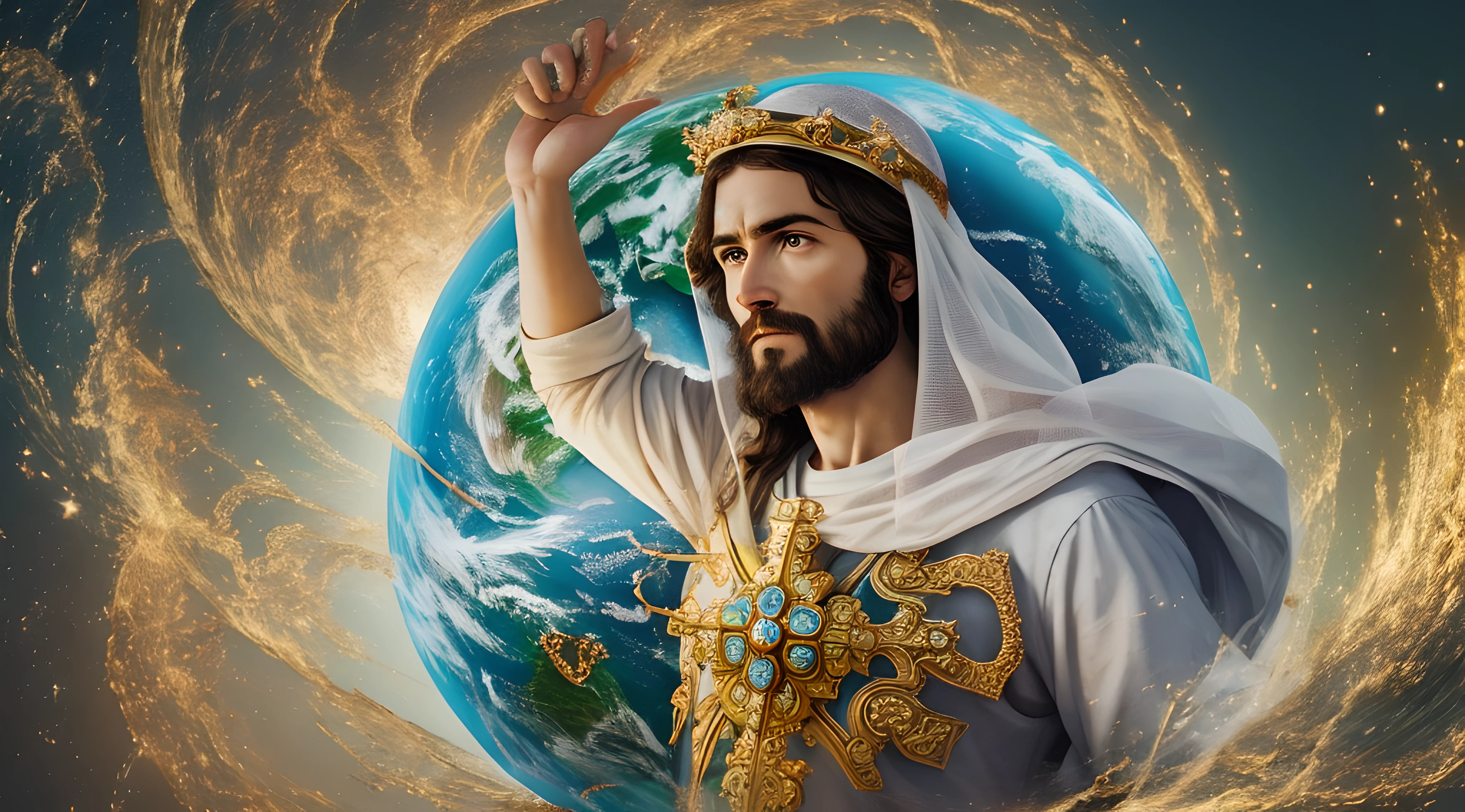 Realistic 8k masterpiece with perfect anatomy: Jesus Christ holding planet Earth in one hand, with an undeformed face