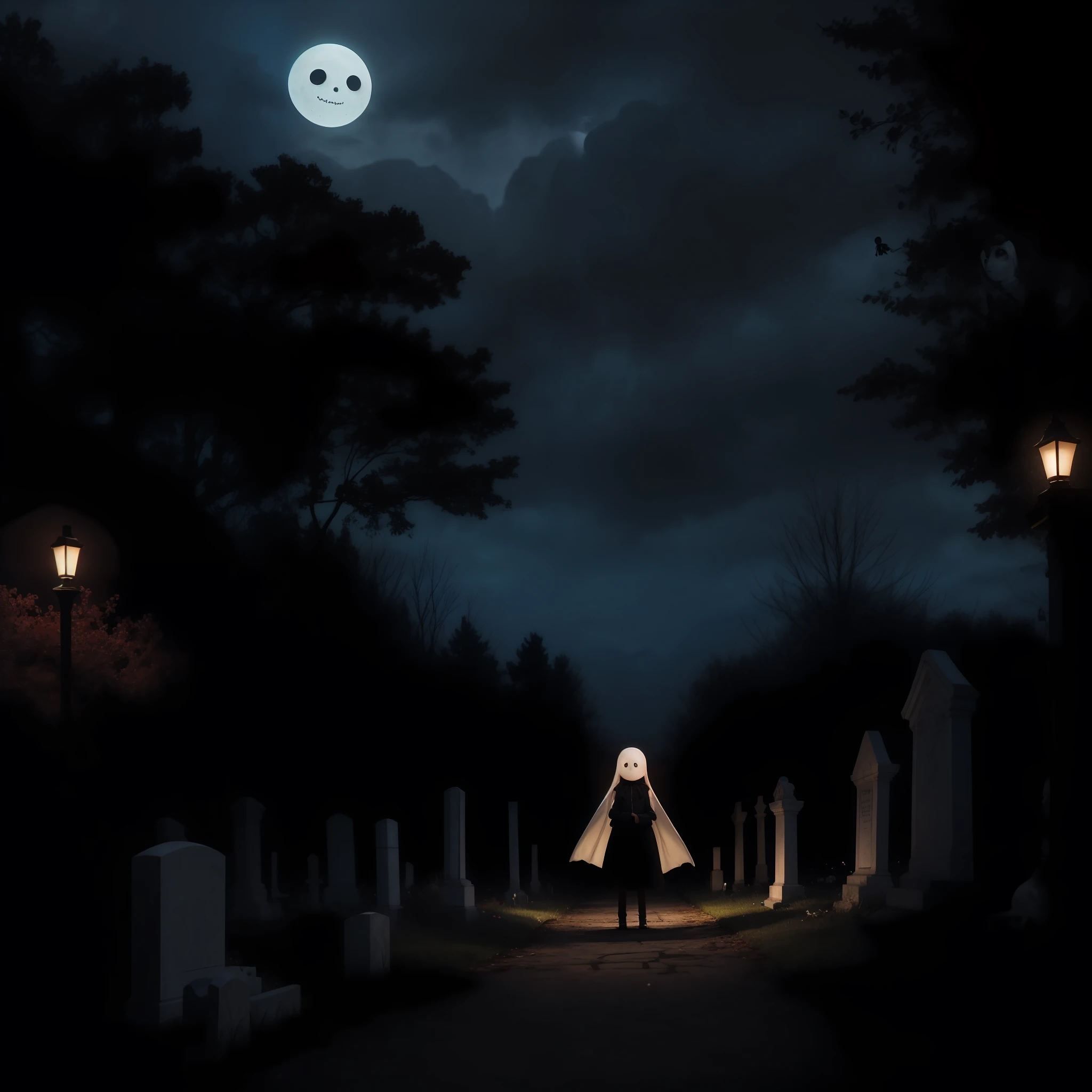 Ghosts in a cemetery in the moonlight. A doll containing the soul of a tormented child.