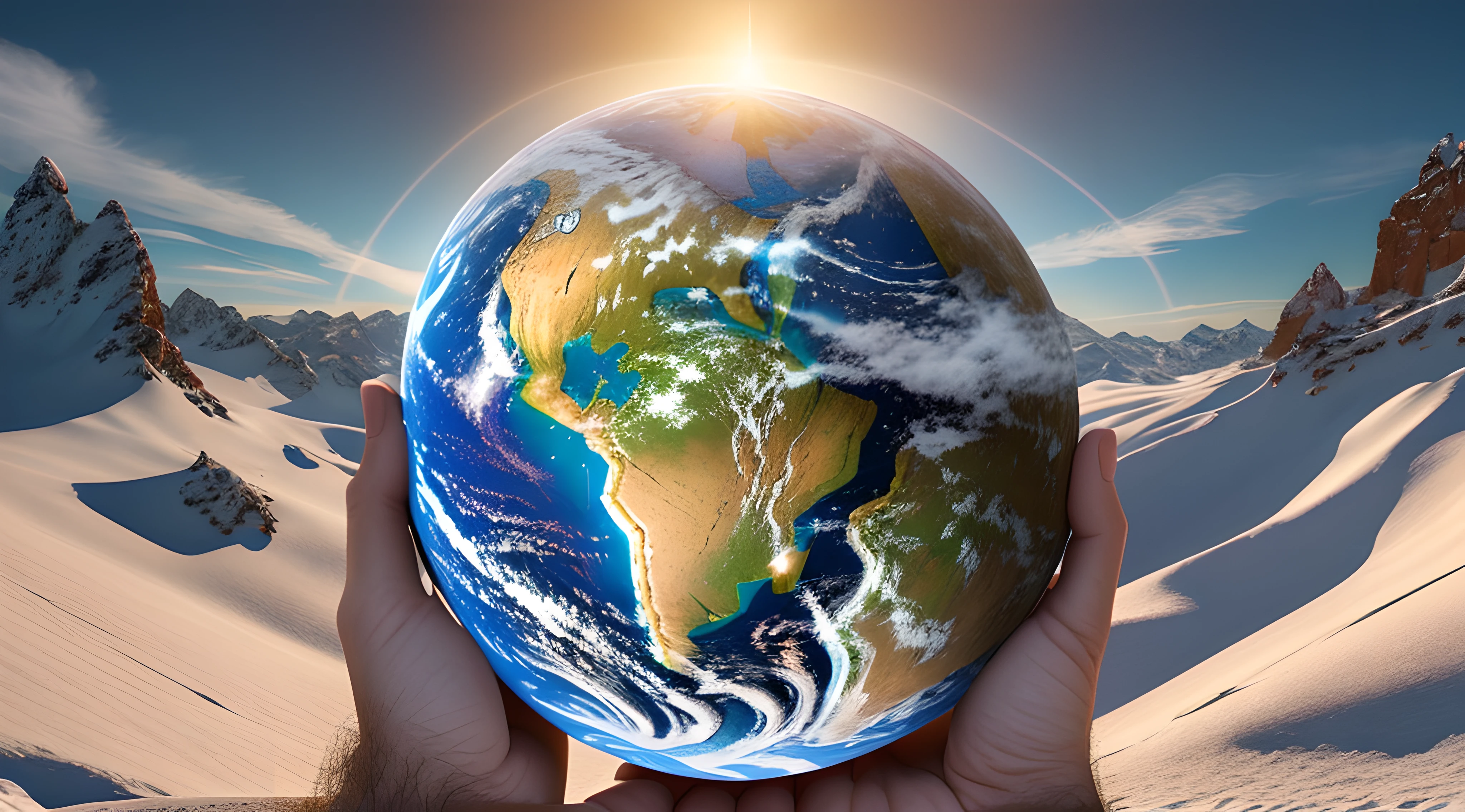 Realistic 8k masterpiece with perfect anatomy: Jesus Christ holding planet Earth in one hand, with an undeformed face