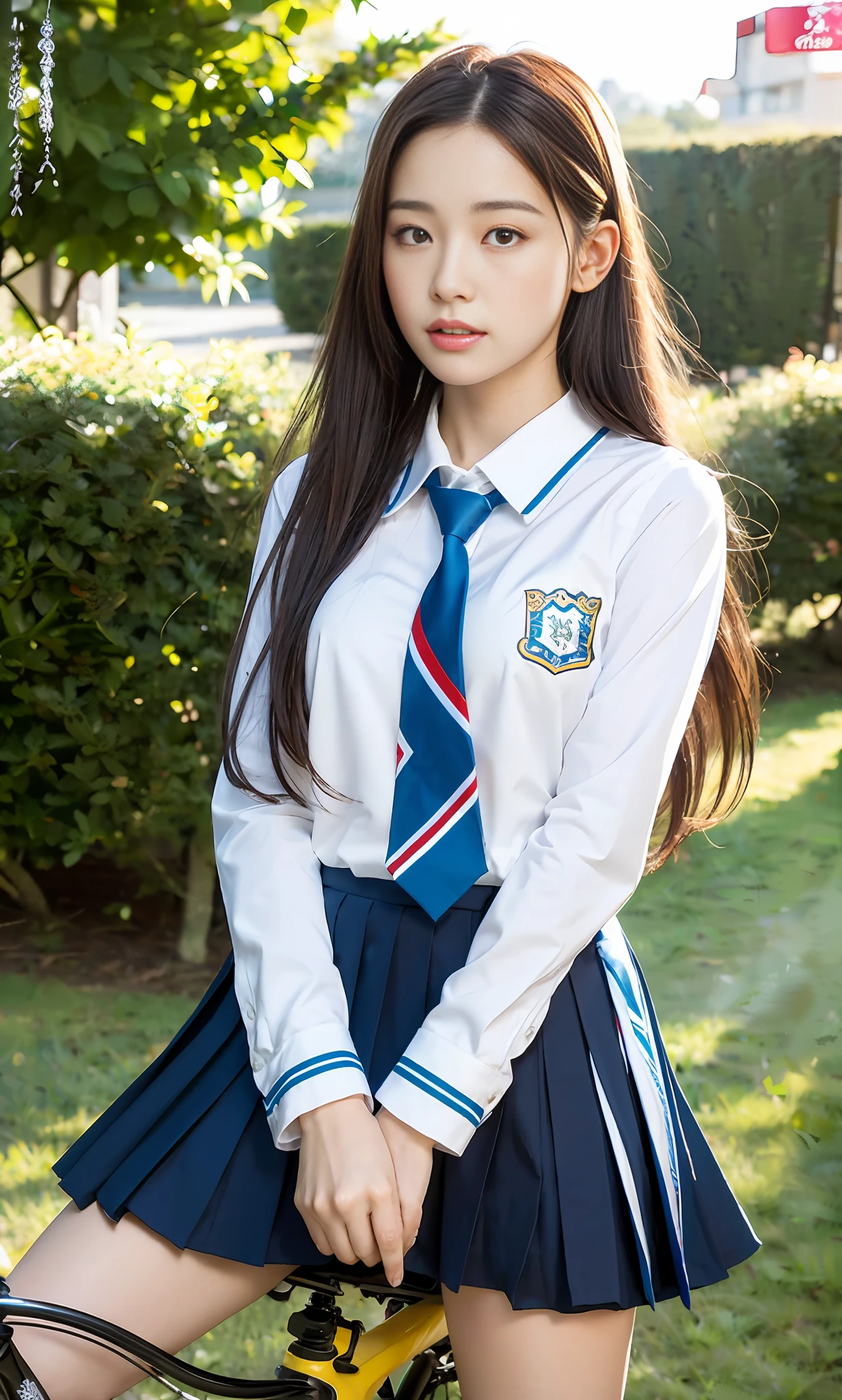 Shoreline Road, Front, Angle from Below, Straight Hair, Pedal Bike, Hands Forward Gripping Bicycle Handlebars, Sitting on Bicycle Saddle, Ulzzang-6500-V1.1, (Original photo: 1.2), (Realistic: 1.4), (White Panties), Beautiful and detailed girl, Very detailed eyes and face, Beautiful delicate eyes, Huge file size, HD, Very detailed, Best quality, Masterpiece, (((Japanese Girls' High School Uniform)), Very detailed, CG, 8k wallpaper, fantastic, fine details, best quality, highly detailed CG uniform, face light, movie lighting, 16 year old girl, big breasts, cleavage