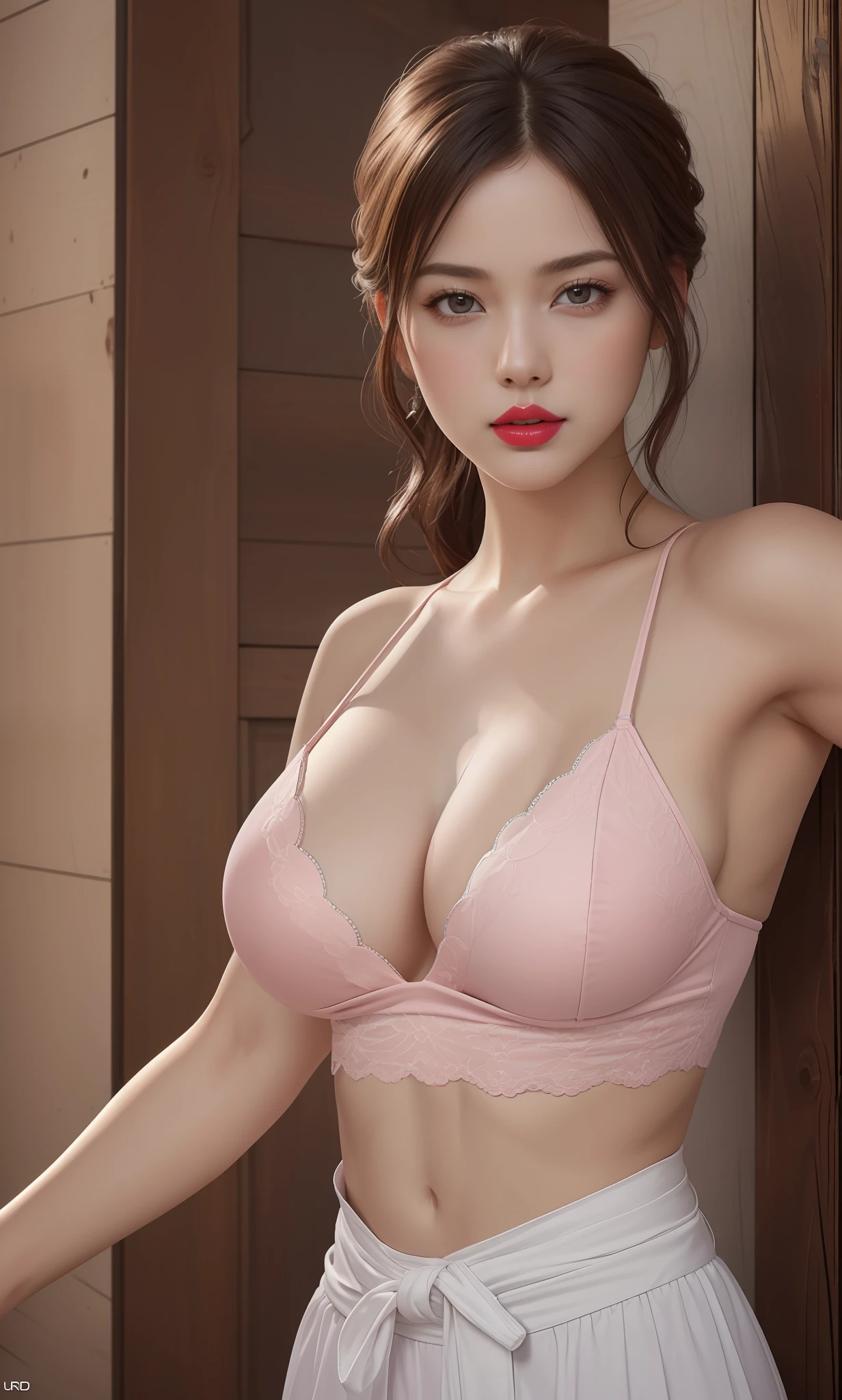 (masterpiece, best quality, extremely detailed 8k, ultra hd, ultra-detailed, highly detailed, highly realistic, ultra-realistic, photo realistic), (1girl:1.5), (detailed realistic skin), (realistic big breasts), (pink lipstick), slender abs,