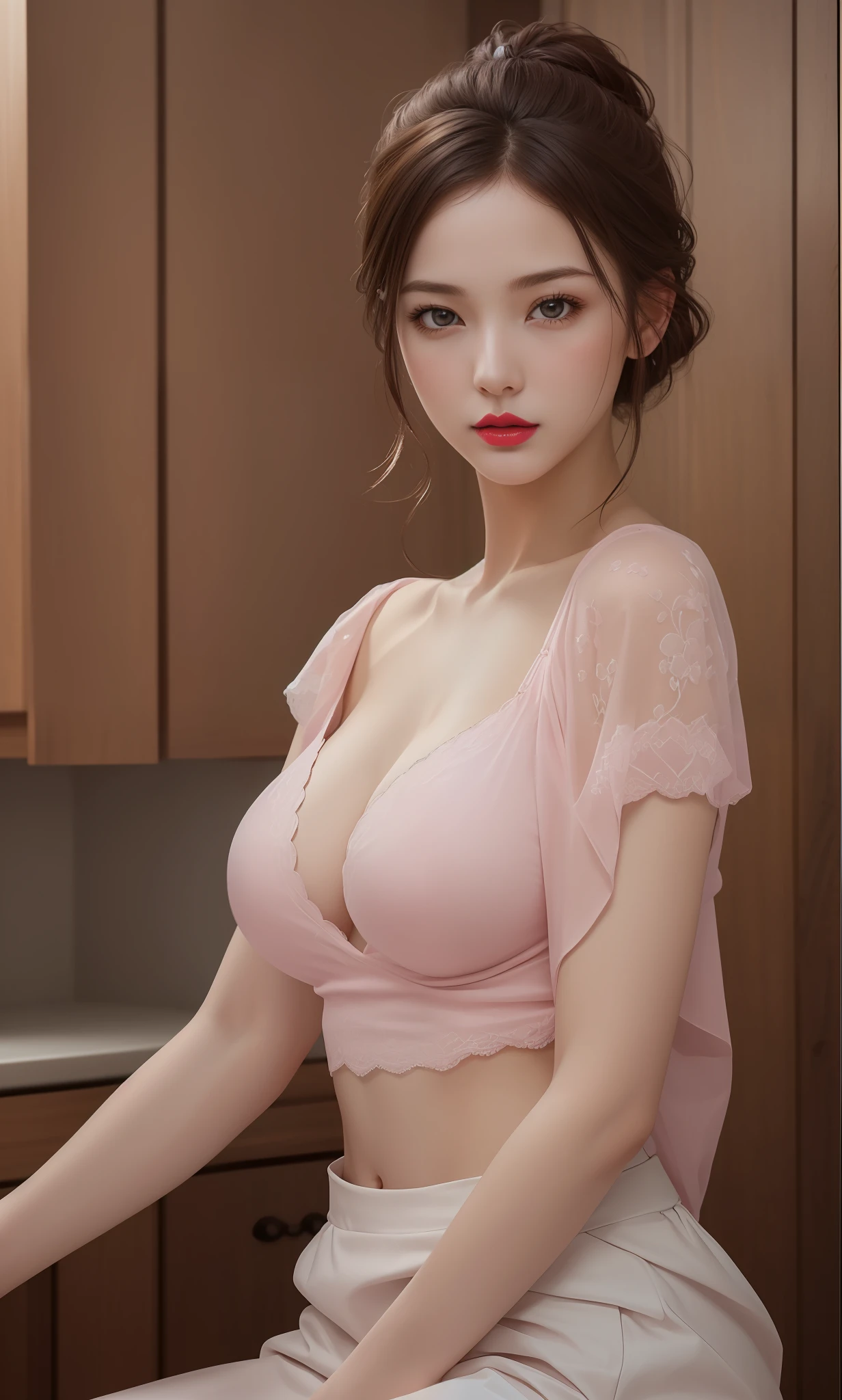 (masterpiece, best quality, extremely detailed 8k, ultra hd, ultra-detailed, highly detailed, highly realistic, ultra-realistic, photo realistic), (1girl:1.5), (detailed realistic skin), (realistic big breasts), (pink lipstick), slender abs,