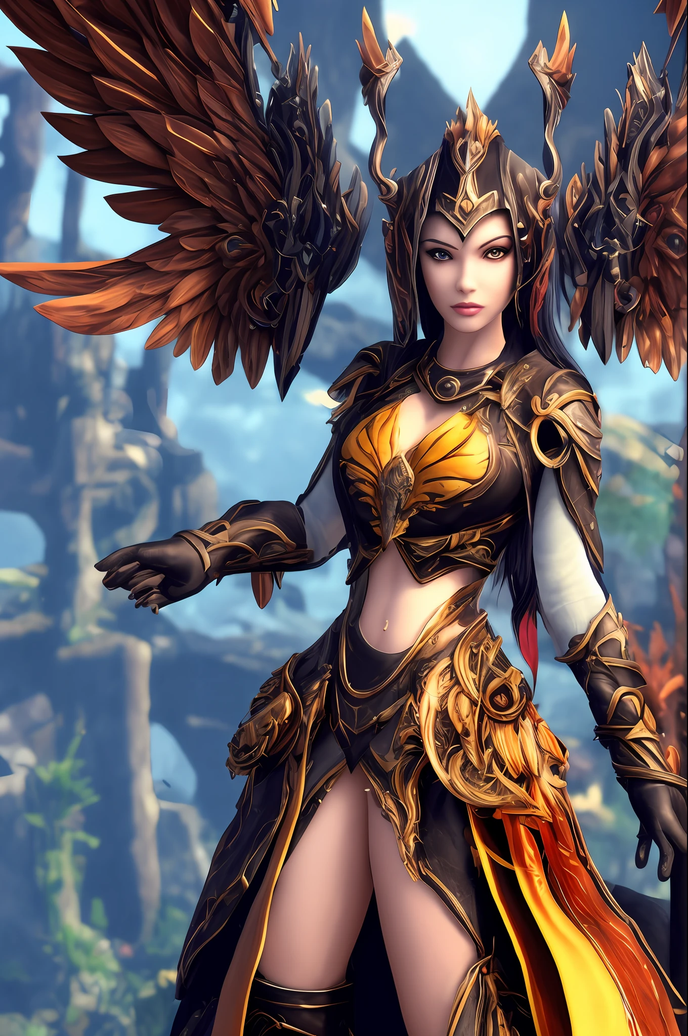 An Asmodian of the female Aion with open clerical wings in a utopian world