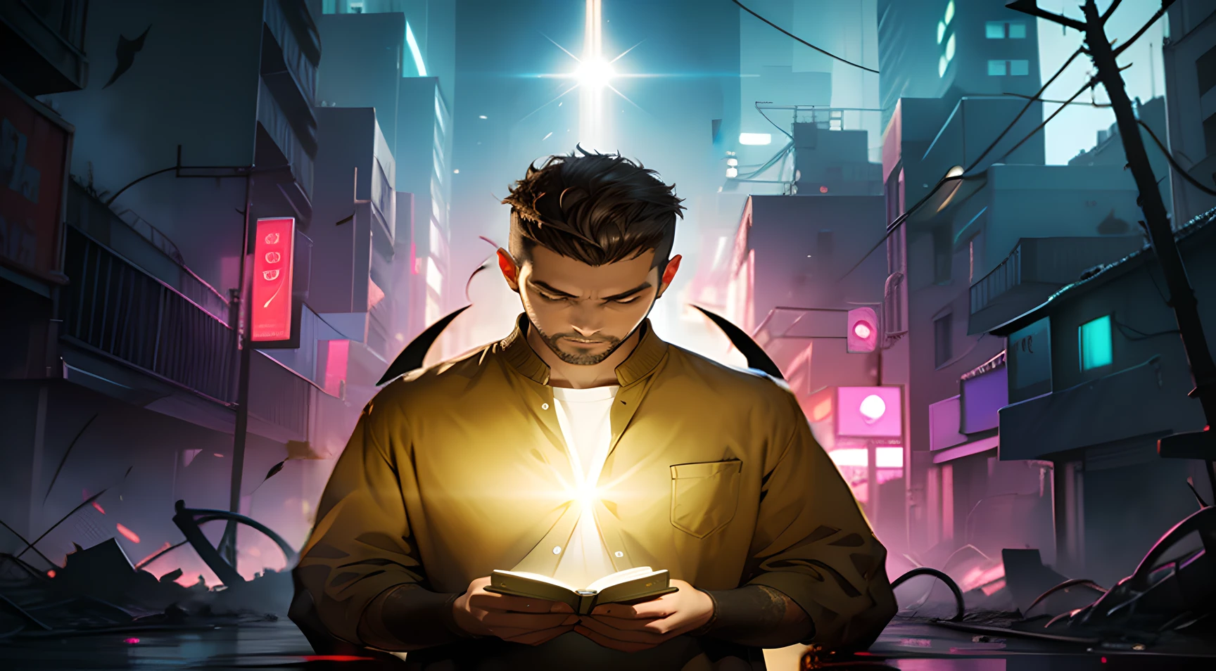 City in ruins, futuristic, dark but with neon. (neon) (dark style) (scary) (demonic)