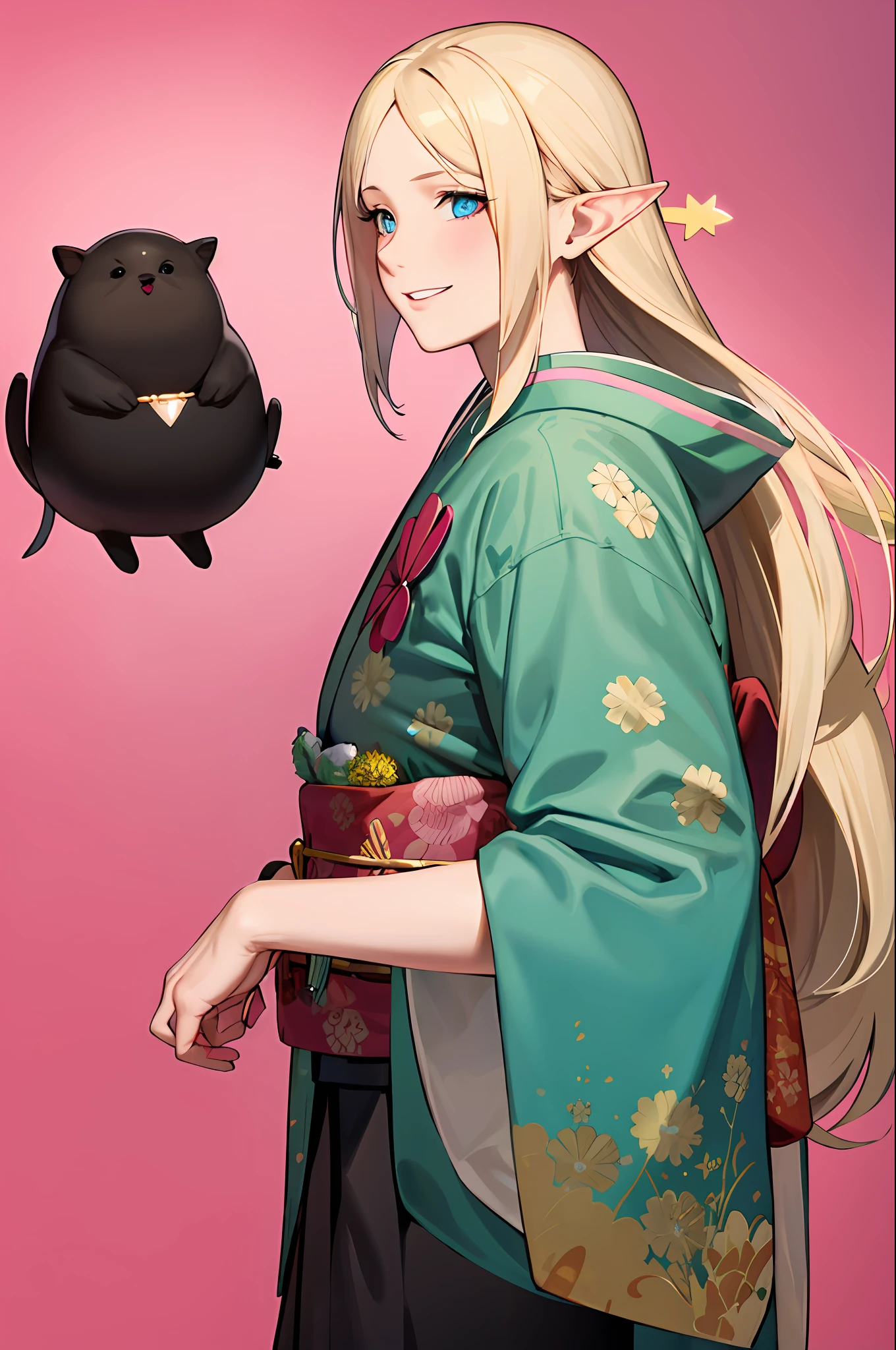An elf with a large body, long straight yellowish hair, blue eyes, a friendly expression, dressed in a pink kimono, on a pink background.