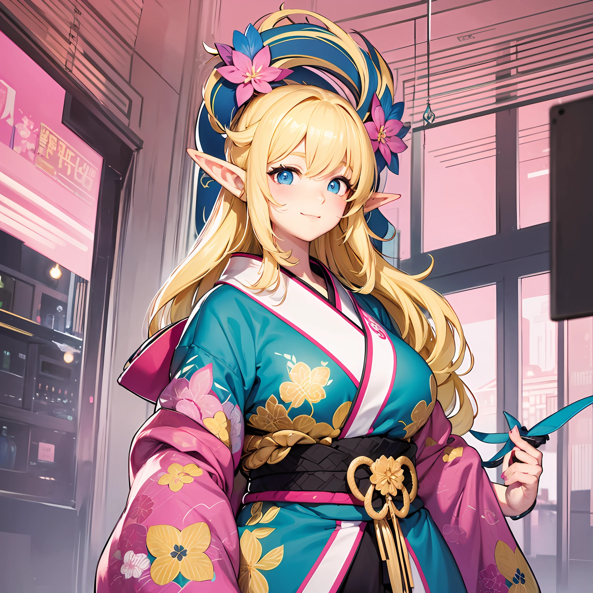 An elf with a large body, long straight yellowish hair, blue eyes, a friendly expression, dressed in a pink kimono, on a pink background.