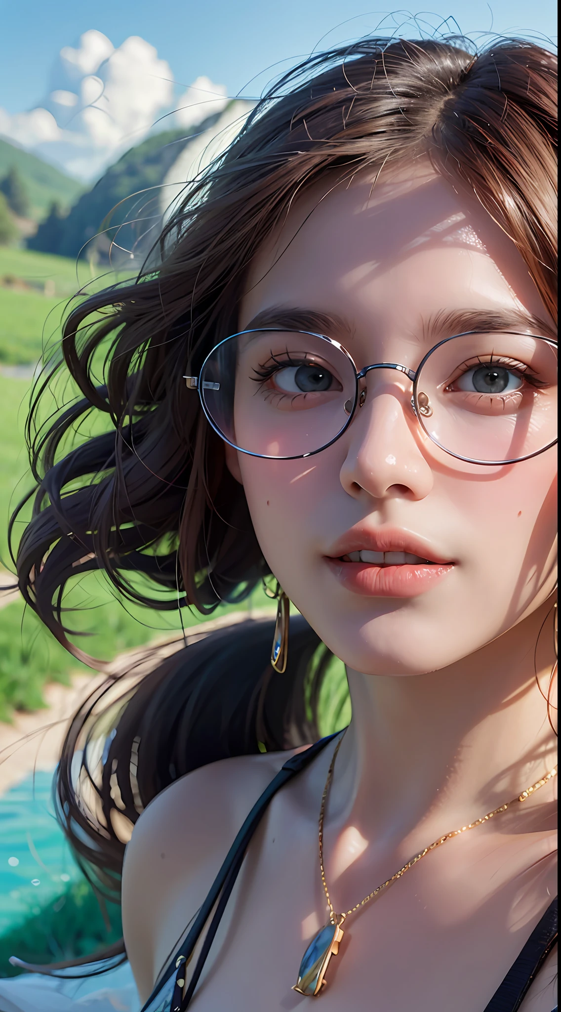 Top quality, detail, 8K, 4K, high resolution, detail, beautiful round glasses woman, summer clothes, village landscape, lake,