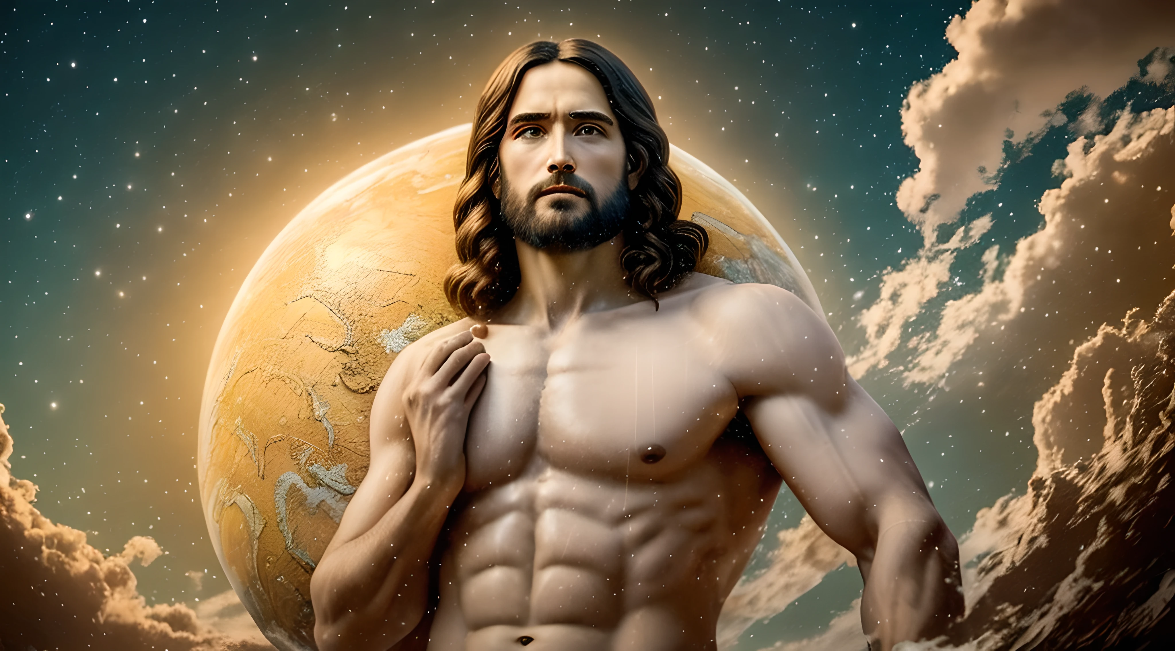 Realistic masterpiece in 8k with perfect anatomy: Jesus Christ holding planet Earth in one hand, with an undeformed face, cinematic lighting, depth of field, bokeh, realism, photorealistic, hyperrealism, professional photography