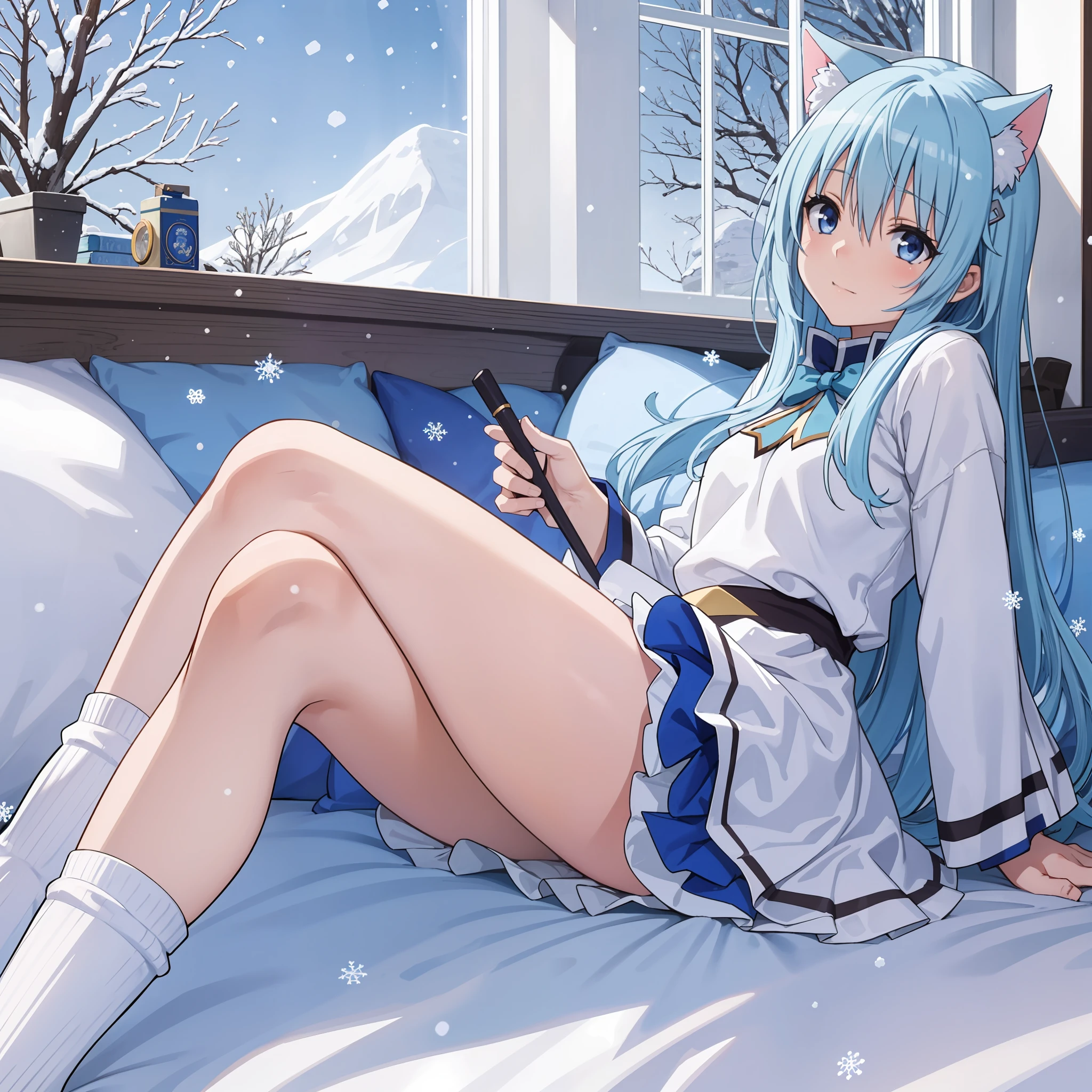Light blue hair, anime_aqua_konosuba, shoujo, sanctuary, light blue cat ears, blue witch costume, snowing on the window, lying on the blue bed, blue eyes, snow, white socks, crossed legs