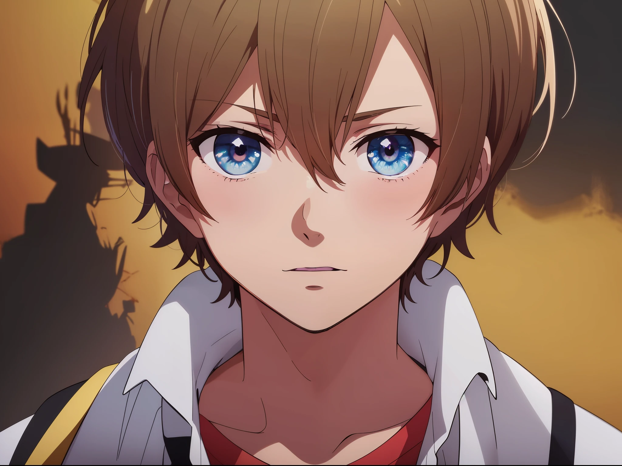 (Anime guy who has one part brown, one eye blue and the other yellow)|(8k Quality, High Detail, Masterpiece Quality)