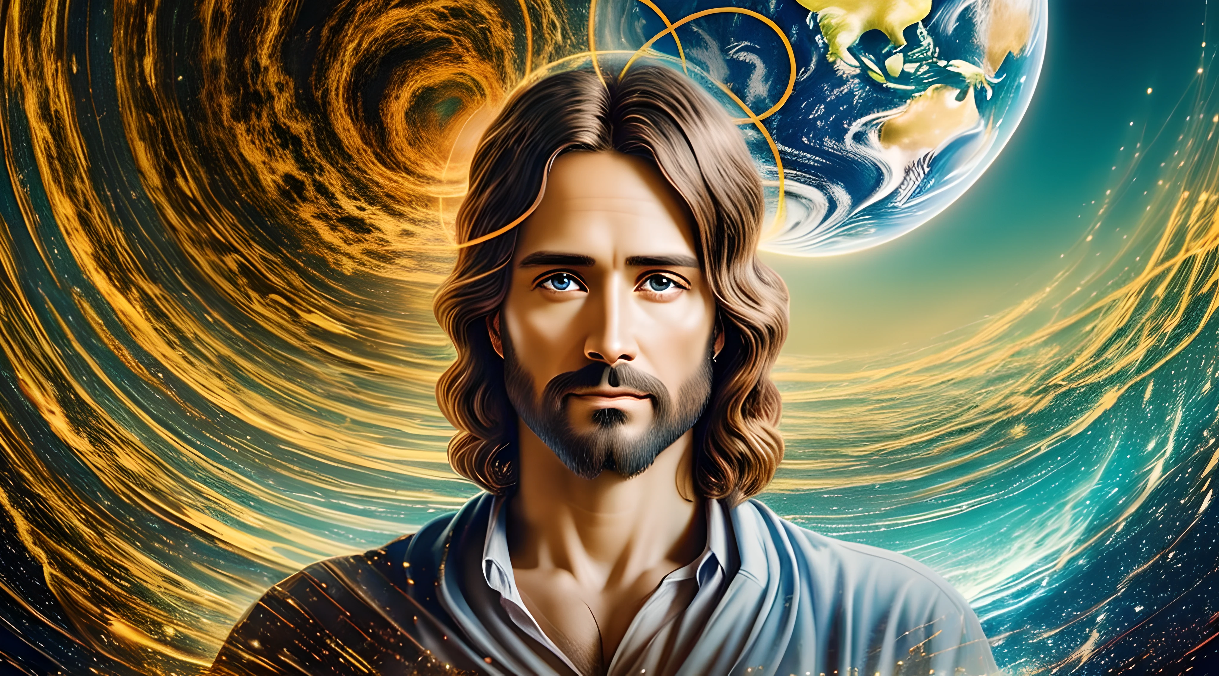 Realistic masterpiece in 8k with perfect anatomy: Jesus Christ holding planet Earth in one hand, with an undeformed face, cinematic lighting, depth of field, bokeh, realism, photorealistic, hyperrealism, professional photography