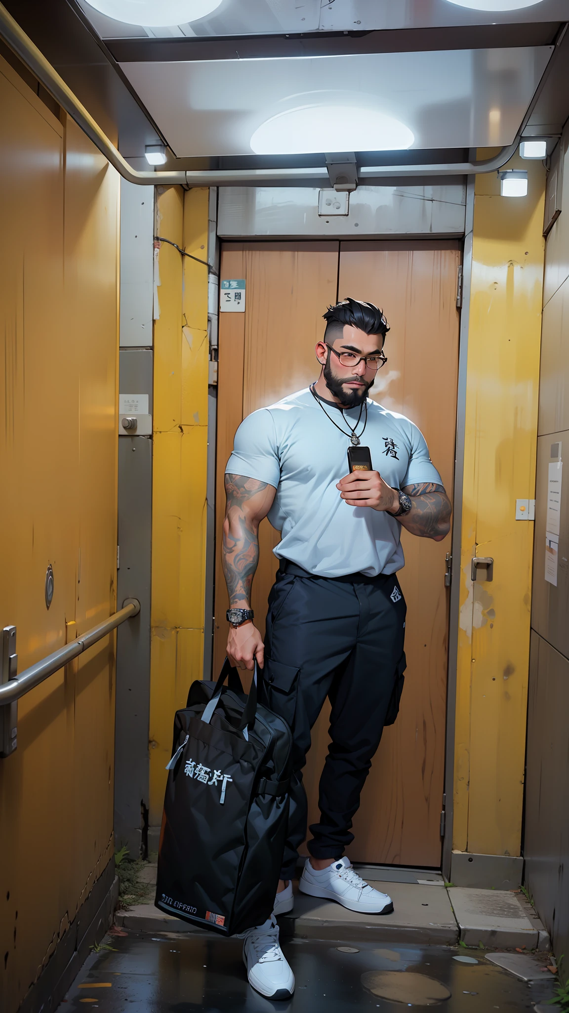 1man,short hair, muscular, beard, Streetwear,cargo pants, necklace,taiwan, street, (masterpiece, best quality, highres, ultra detailed ), night , depth of field, glasses,