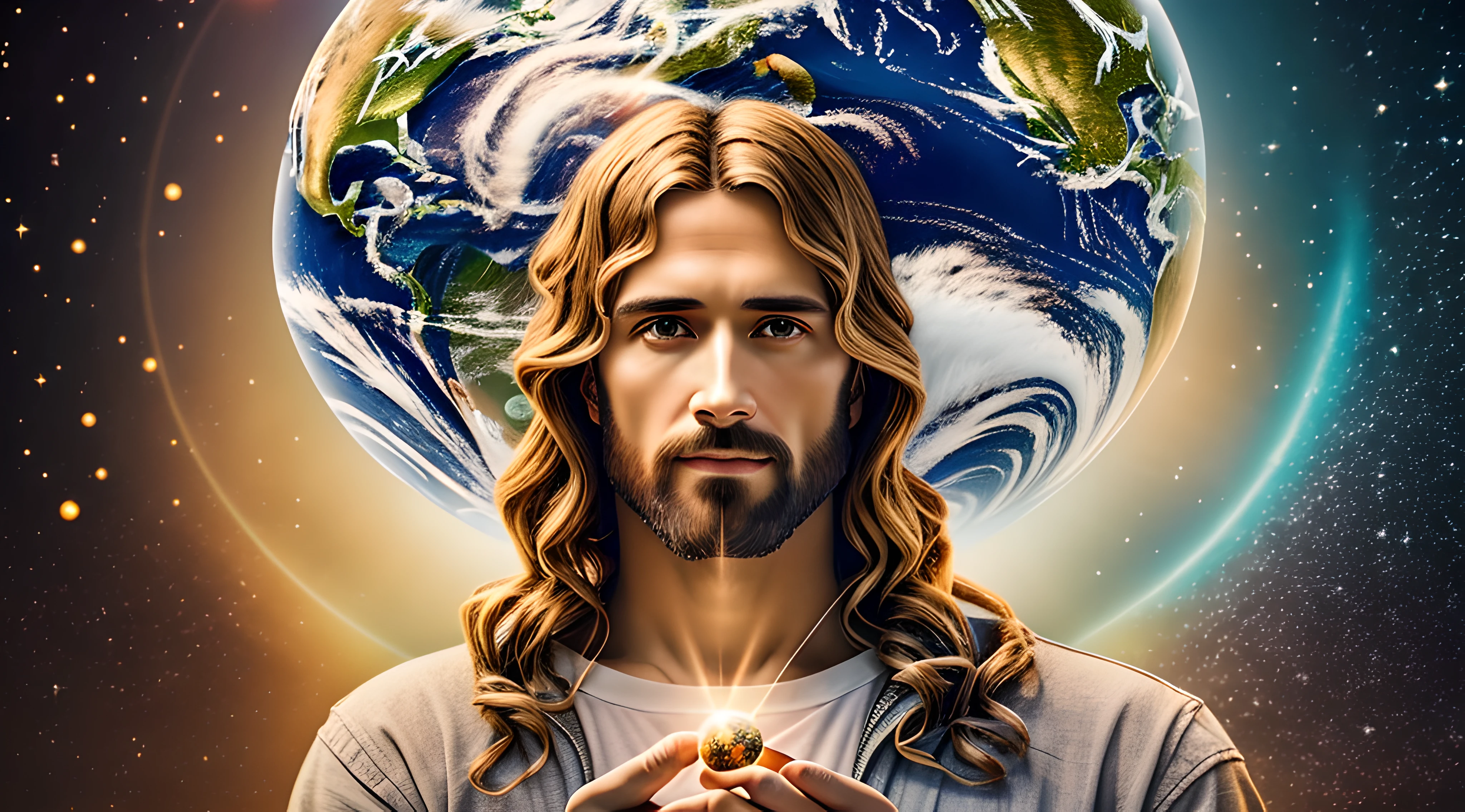 Realistic masterpiece in 8k with perfect anatomy: Jesus Christ holding planet Earth in one hand, with an undeformed face, cinematic lighting, depth of field, bokeh, realism, photorealistic, hyperrealism, professional photography