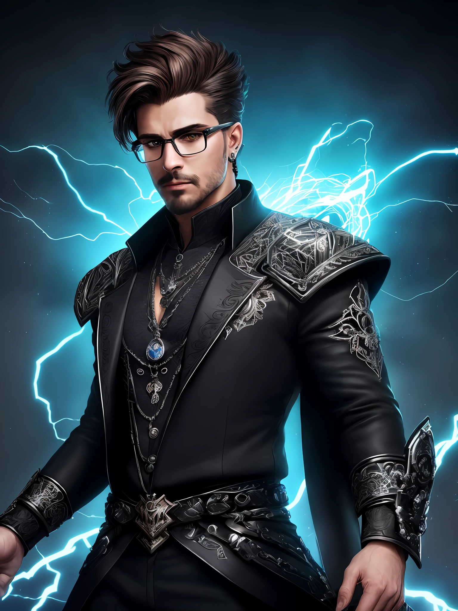 (High quality: 1.3), cinematic shot, masterpiece, (sharp focus: 1.5), (photorealistic: 1.3), medium portrait of (imposing and charismatic man, brown hair, very short hair, short cut,, wearing glasses, silver and shiny, with electric blue locks that seem to emit energy. Magnetic, piercing eyes, dark brown radiating determination and wisdom. striking and powerful garment, which reflects his position as supreme leader, adorned with intricate details and symbols of wisdom, in shades of black, silver and electric blue, in shades of black, silver and electric blue, symbolizing his power and influence over the community, conveying respect and authority similar to Shadowrun), detailed background, ultra high definition, HD., 8k