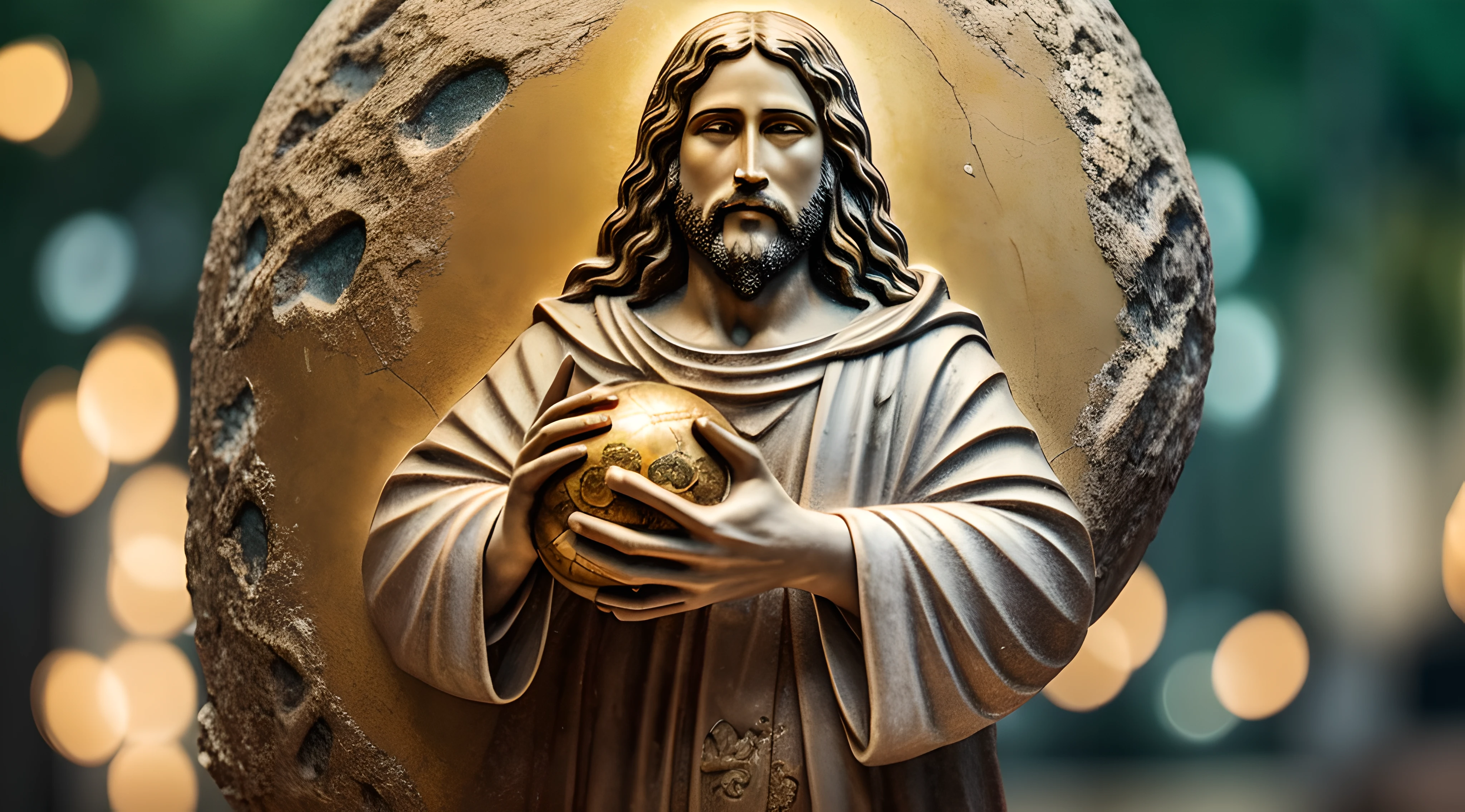 Realistic masterpiece in 8k with perfect anatomy: Jesus Christ holding planet Earth in one hand, with an undeformed face, cinematic lighting, depth of field, bokeh, realism, photorealistic, hyperrealism, professional photography