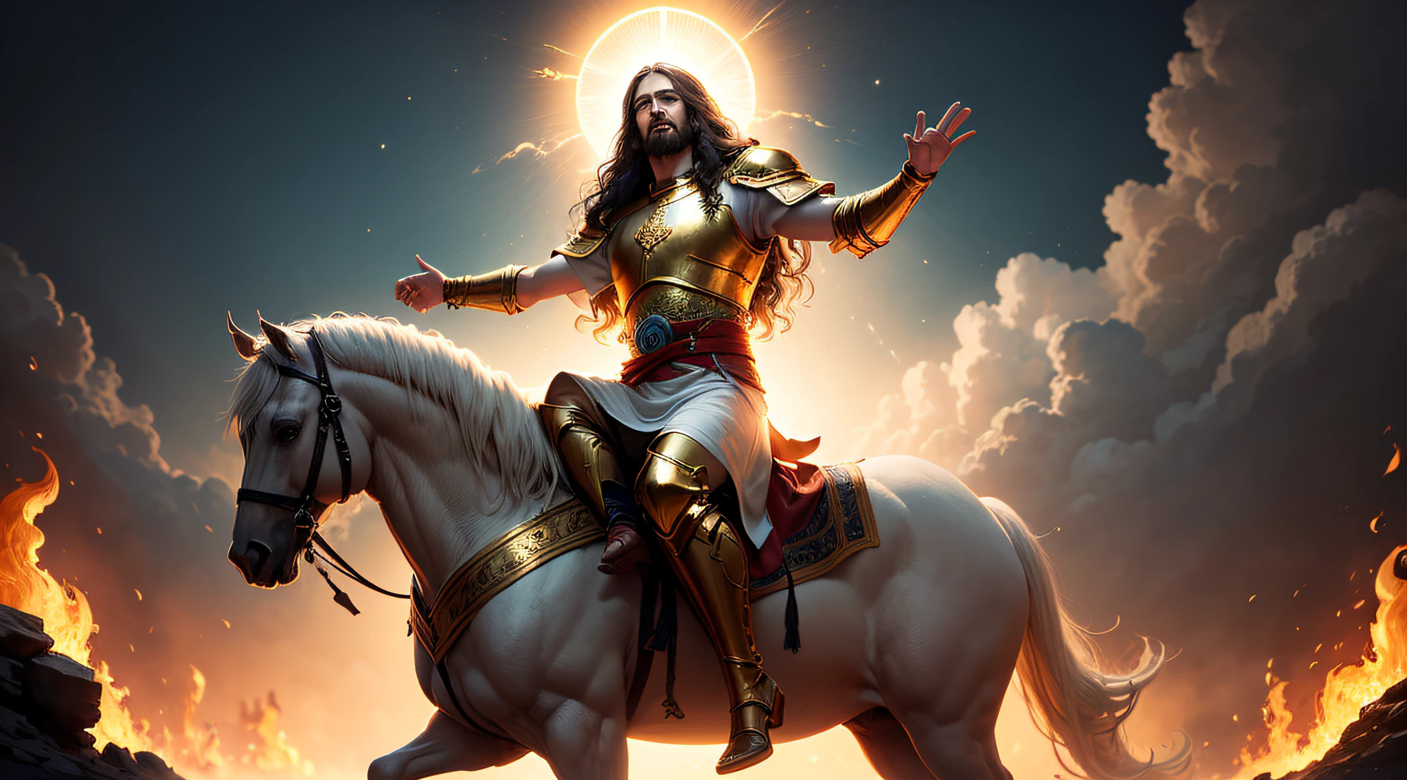 Jesus second coming in the heavens, face like the midday sun, crown, a tunic and a golden breastplate, hair as white as snow, eyes as flames of fire, feet as refined bronze in the furnace, light smile, Surrealism, backlighting, cinematic lighting, high quality, high details, best quality --auto