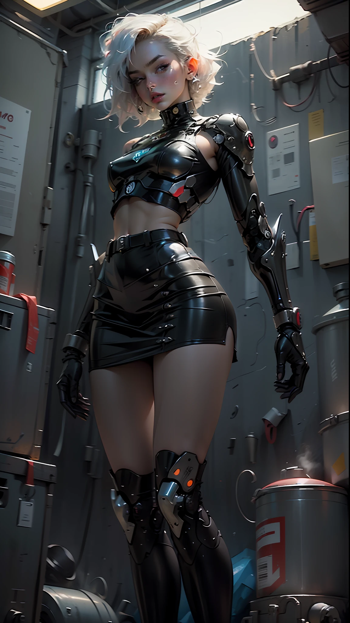 Definition of the woman's body cybernetic thick thigh, body parts, short skirt, latex