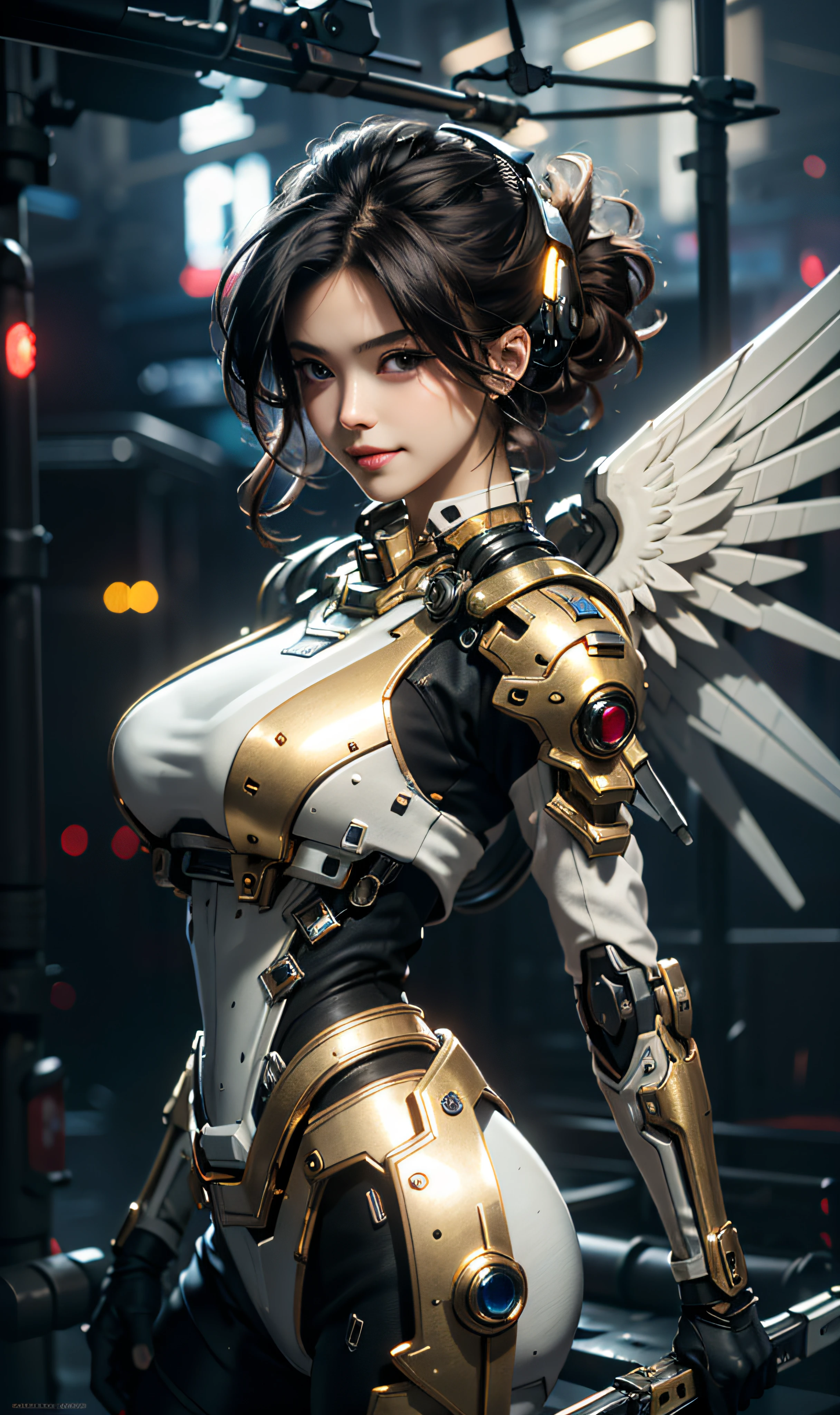 16k, masterpiece,(best quality),highly-detailed,ultra-detailed,1girl, big breast, breast window,(mechanical wings),(cyberpunkcity:1.5,weapon:energy blade),(fantasylandscape:1.2, natural lighting:1.5, confident expression),(panorama:1.2), archer pose, mecha, smile, angle,Angels, wings, gold,raw