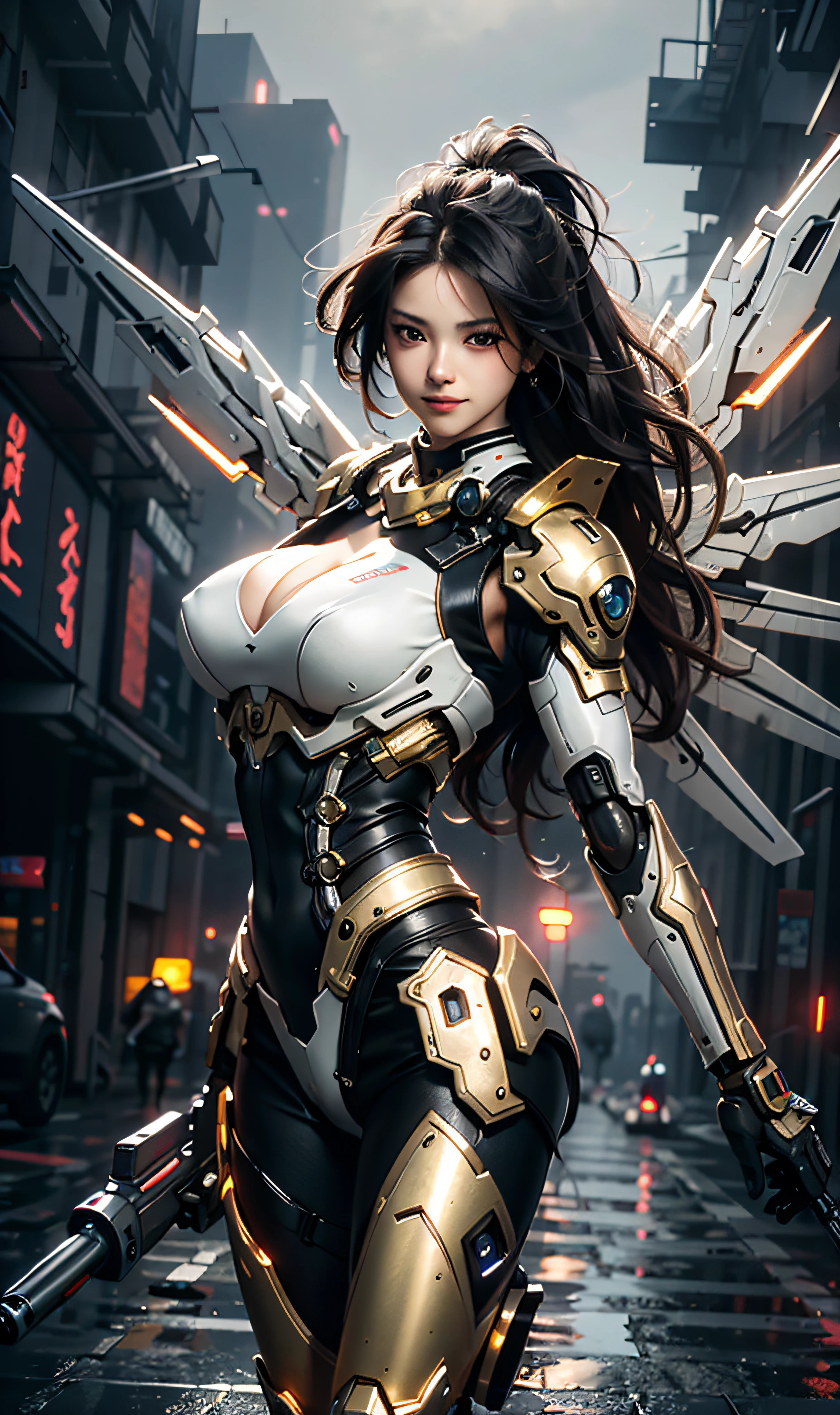 16k, masterpiece,(best quality),highly-detailed,ultra-detailed,1girl, big breast, breast window,(mechanical wings),(cyberpunkcity:1.5,weapon:energy blade),(fantasylandscape:1.2, natural lighting:1.5, confident expression),(panorama:1.2), archer pose, mecha, smile, angle,Angels, wings, gold,raw