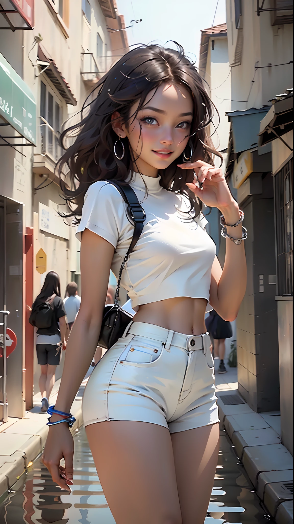 masterpiece, best quality, ultra-detailed),(1girl), blue eyes, long hair, brunette, dynamic angle, dynamic pose, natural lighting, floating, (white top:1.2|black top), (white short skirt:1.2|leather pants:0.9), (silver bracelet:1.2|watch), (natural background:0.8|cityscape), (smiling:0.8|serious expression), (light in the hair), many drops of water:0.8