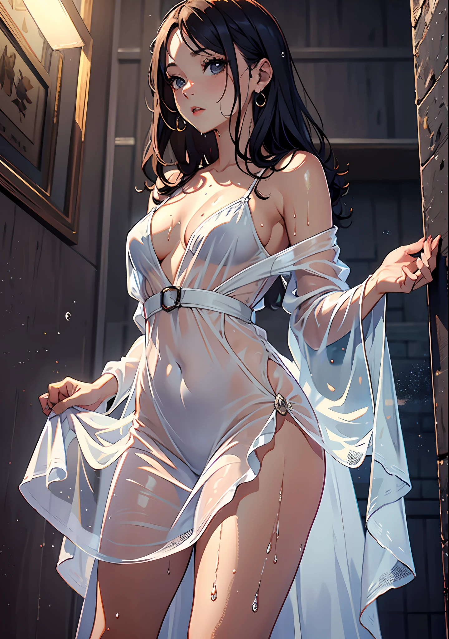 masterpiece, best quality, Noble ypun lady, wet dress, dress see through, dress on the naked body, small breasts
