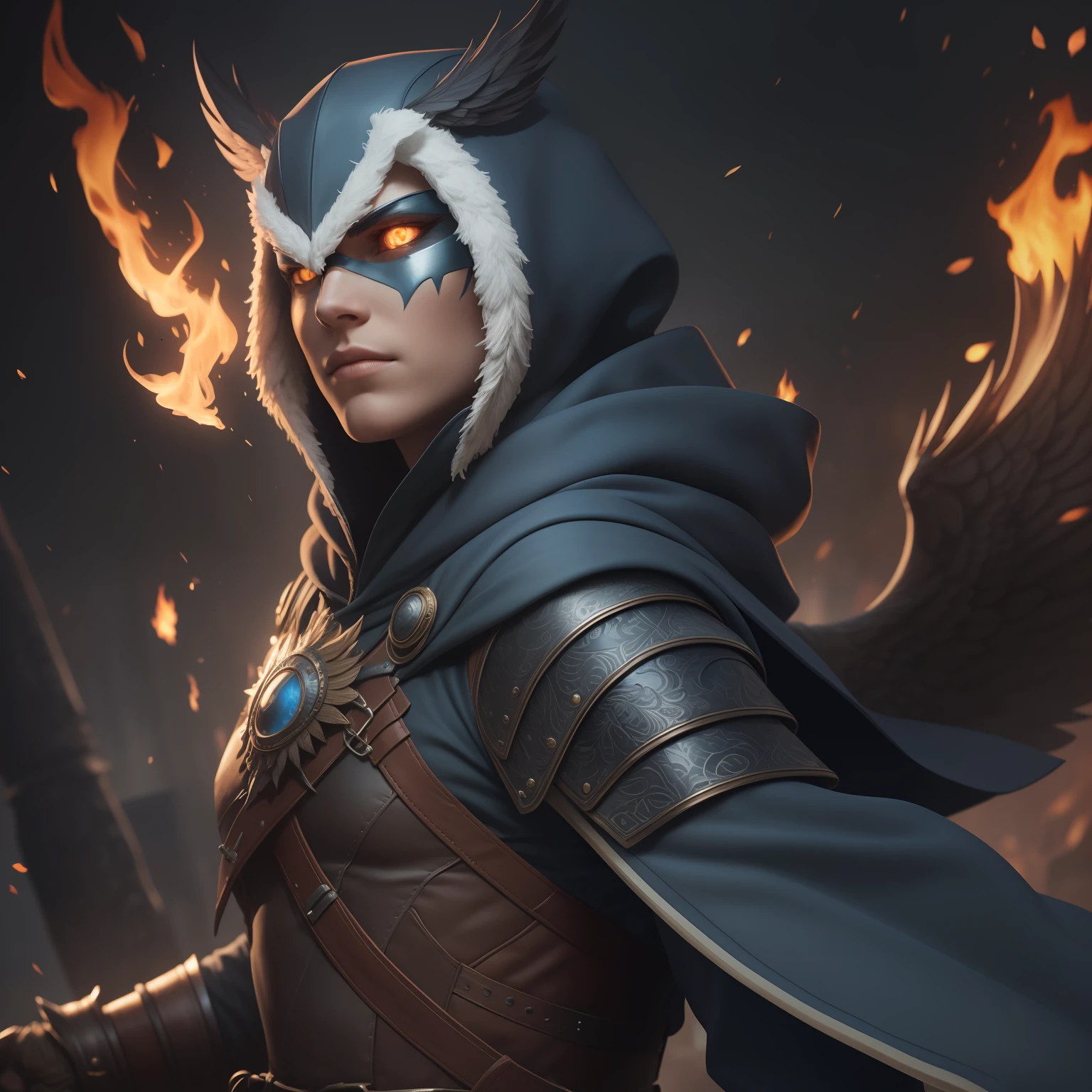 The character's medium-lightweight clothing is made up of several layers of sturdy and flexible fabric that fits their body comfortably and efficiently The predominant colors on the armor are blue and gray, with some black details to accentuate the look The character's head is adorned with a hood that has owl-like ears, referencing the animal that is often associated with wisdom and knowledge The hood fits perfectly on the character's head, ensuring they can move freely and without hindrance The character's armor has owl feather elements that add a sense of lightness and agility to the outfit The details are highly detailed and precise The character's element is blue fire, visible in their hands and around their body The flame is bright and intense, adding a sense of danger and power to the image The character's expression is determined and focused, suggesting they are capable of controlling the flame with precision and skill The background of the image is dark and mysterious, with some flames in the background to emphasize the character's element The image should be highly detailed, with a focus on the armor and visual details that make the character unique and memorable