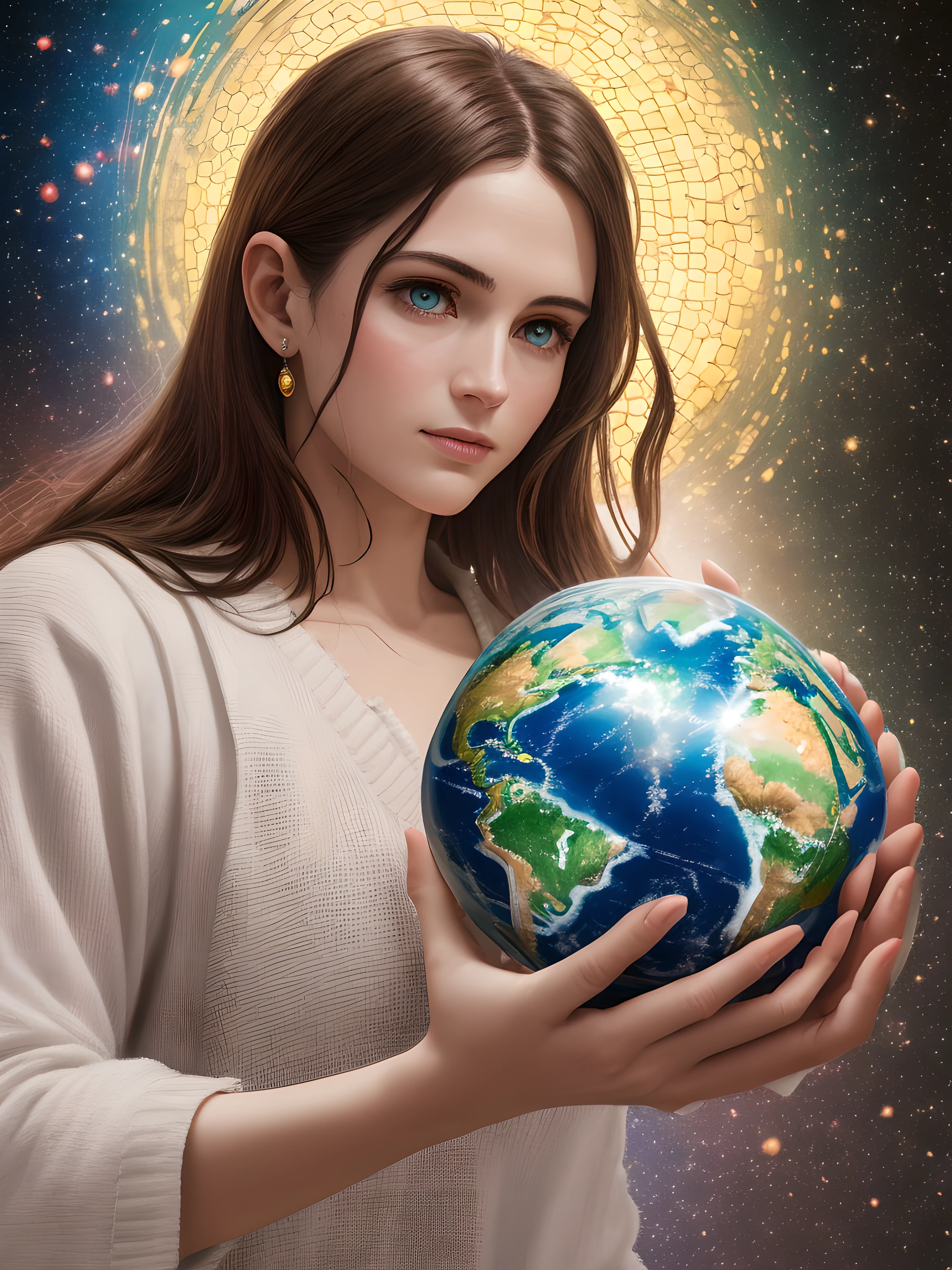 Realistic masterpiece in 8k with perfect anatomy: Jesus Christ holding planet Earth in one hand, with an undeformed face, cinematic lighting, depth of field, bokeh, realism, photorealistic, hyperrealism, professional photography