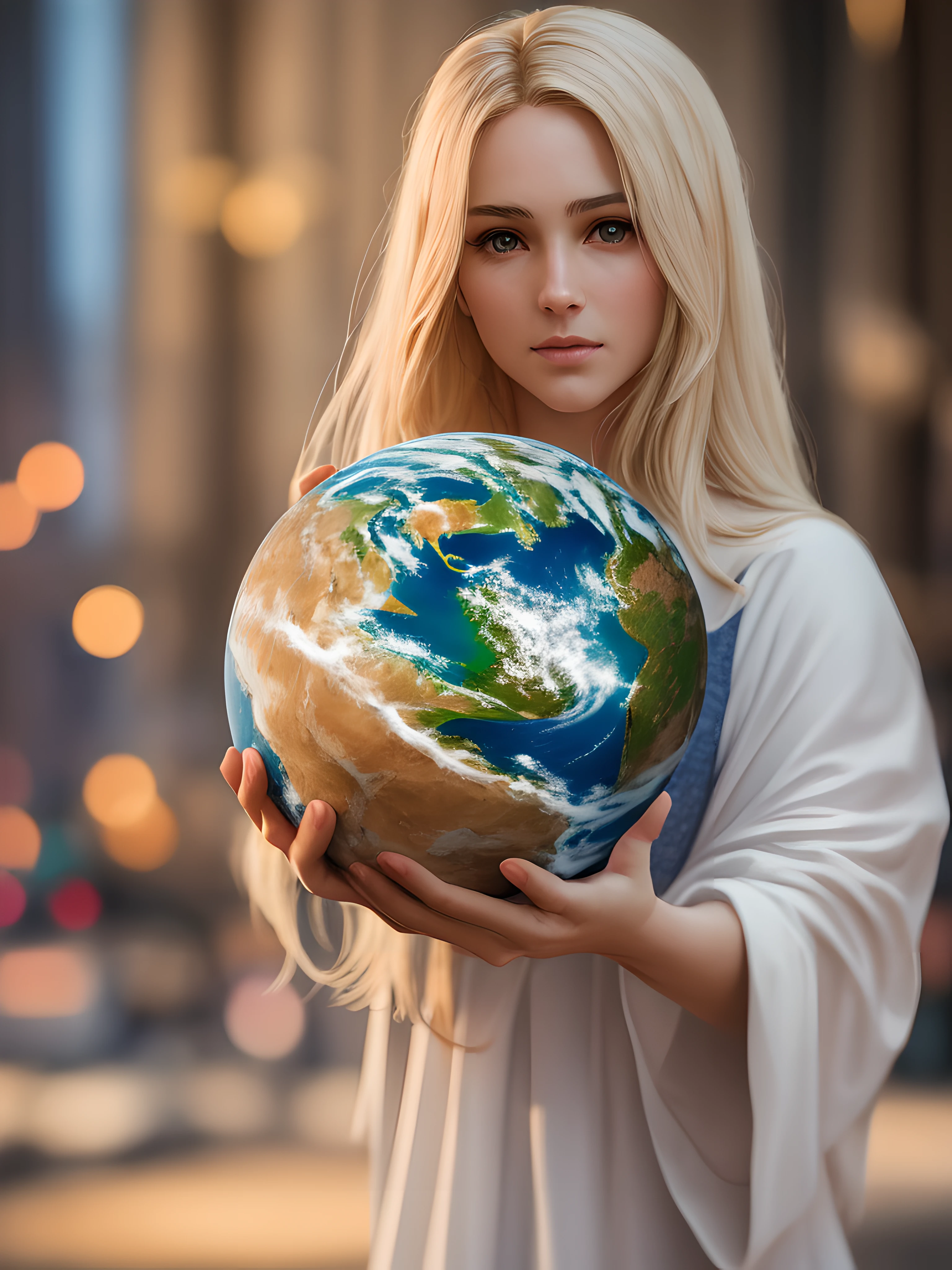 Realistic masterpiece in 8k with perfect anatomy: Jesus Christ holding planet Earth in one hand, with an undeformed face, cinematic lighting, depth of field, bokeh, realism, photorealistic, hyperrealism, professional photography