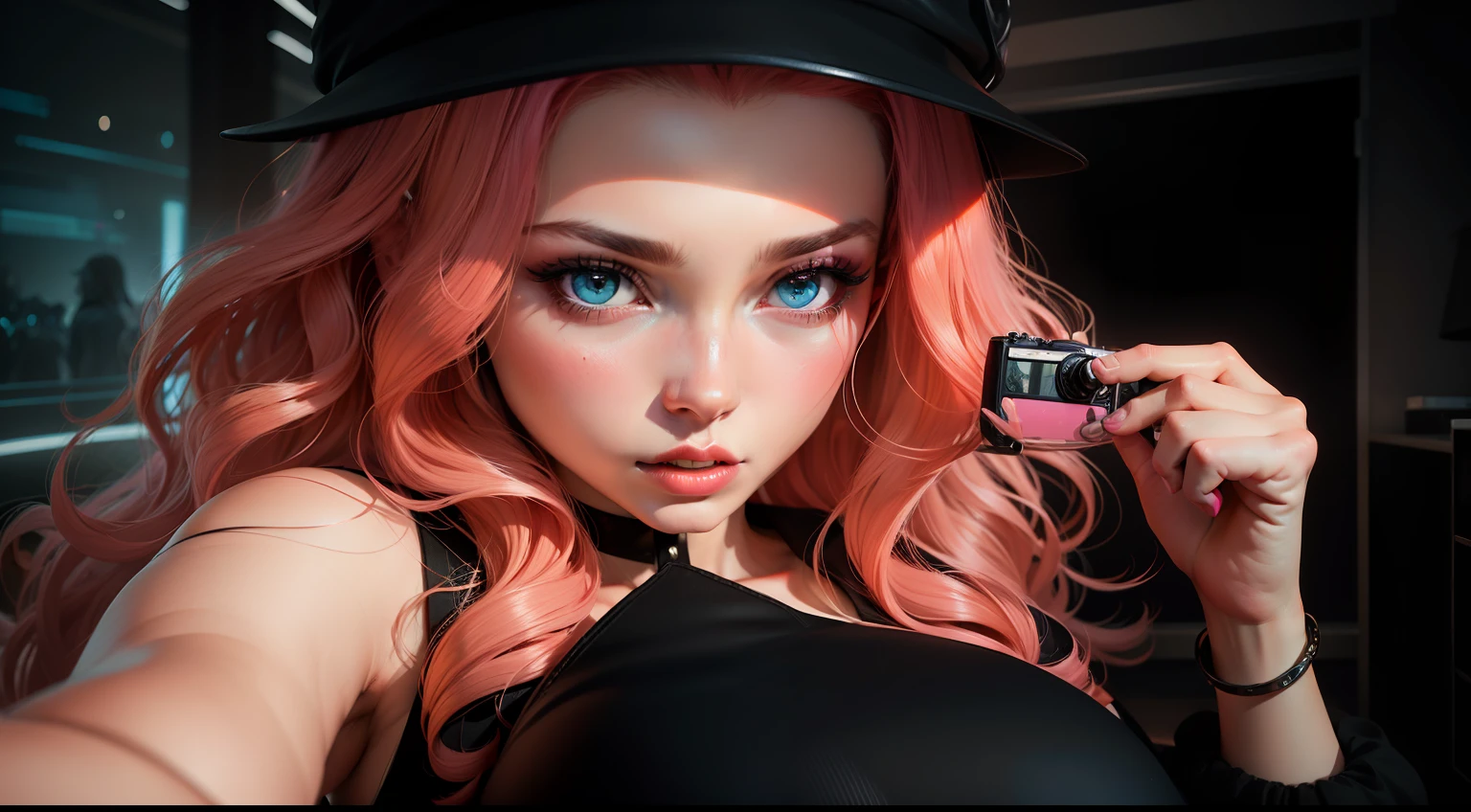31 year old woman with wavy red hair pink top being photographed paparazzi orange skin and long hair Sexy face with full black makeup attractive features Realistic details Fantasy pop art Barbie world Pink space furutista bright lights HD 4K intense --auto
