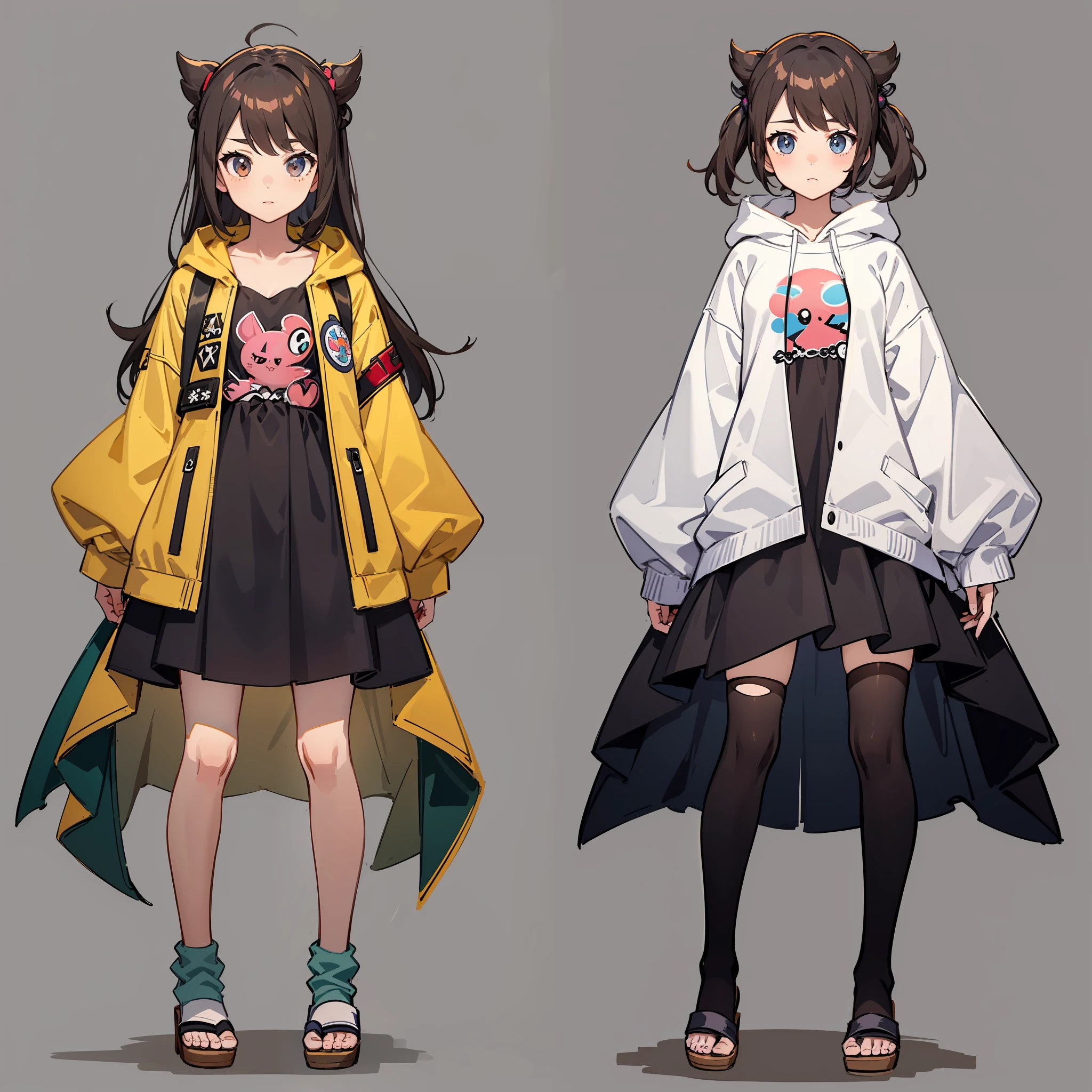 ((masterpiece)),(((best quality))),(character design sheet, same character, front, side, back), shedinja pokemon, shedinja girl, gijinka shedinja, pokemon shedinja anime girl, illustration, 1 girl, hair color brown, bangs, hairstyle, long hair, long dress, hoodie dress, grey dress, brown hoodie, long sleeves, drooping sleeves, no visible hands, long grey socks, wooden sandals, environment change scene, anime girl (simple background, white background: 1.3)