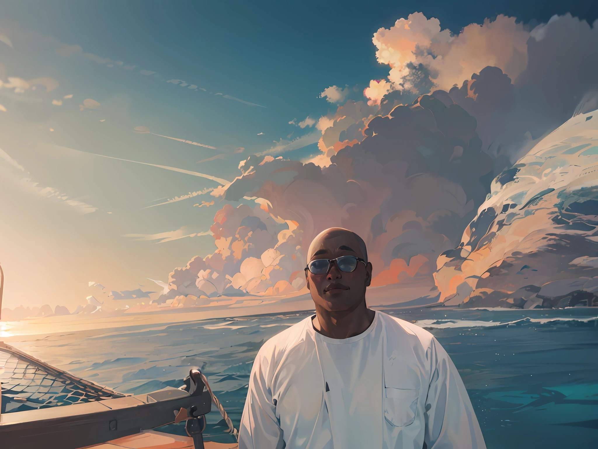 there is a man that is standing on a boat in the water, ocean in the background, the ocean in the background, on the ocean water, in the middle of the ocean!!!!!, on the sea, on the ocean, vacation photo, the sea in the background, at the sea, having a great time, on a boat, sea in the background