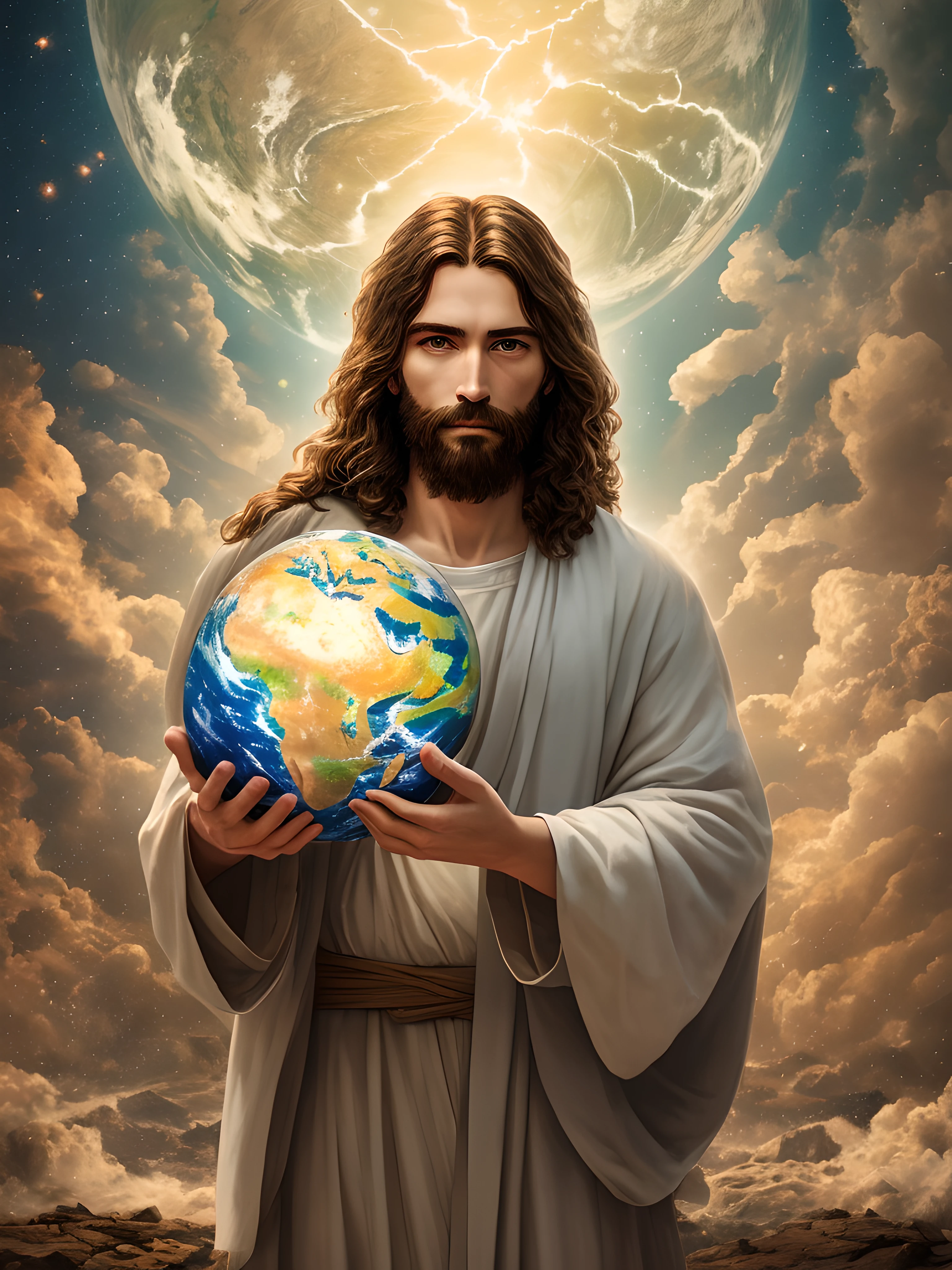 Realistic masterpiece in 8k with perfect anatomy: Jesus Christ holding planet Earth in one hand, with an undeformed face, cinematic lighting, depth of field, bokeh, realism, photorealistic, hyperrealism, professional photography