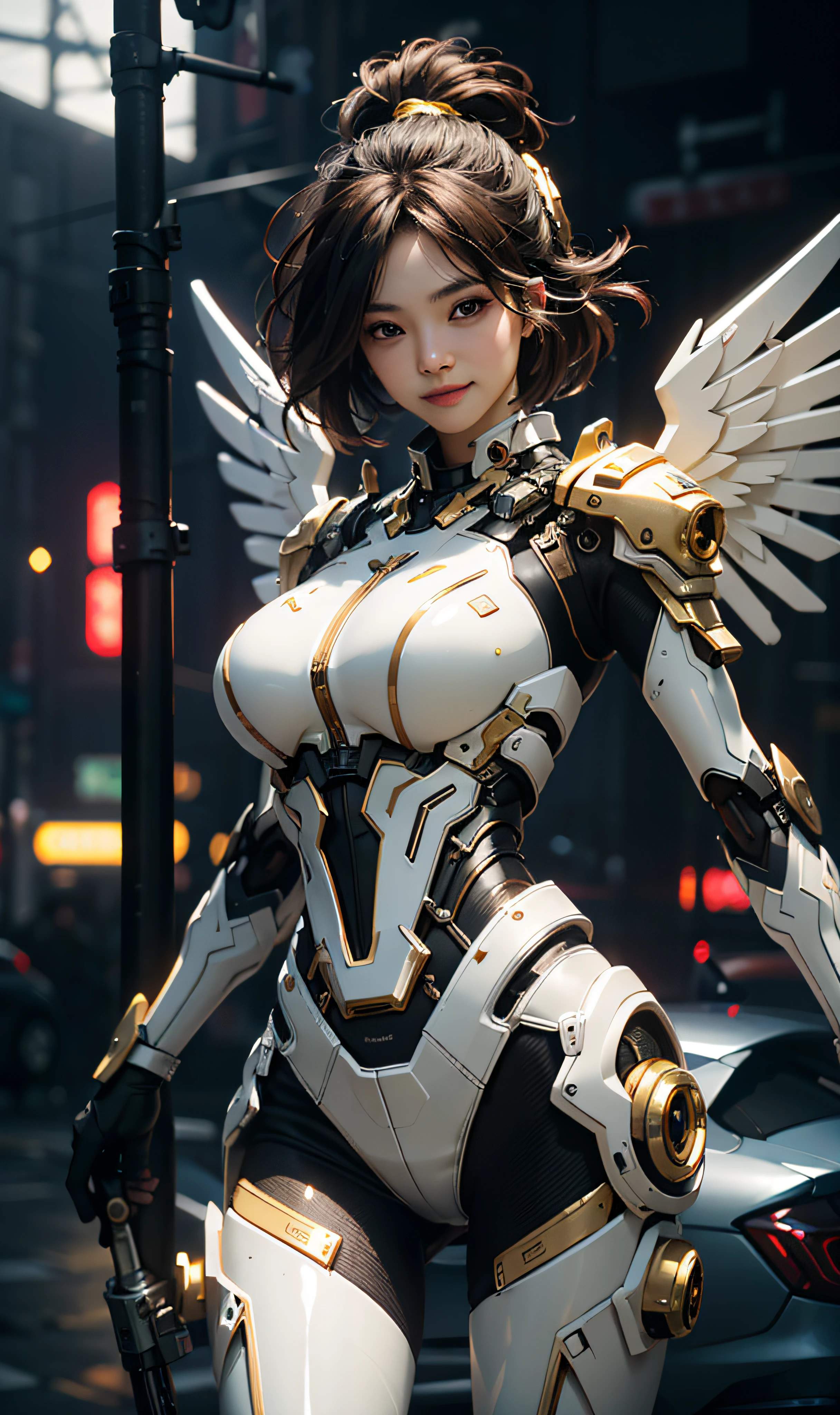 16k, masterpiece,(best quality),highly-detailed,ultra-detailed,1girl, big breast, breast window,(mechanical wings),(cyberpunkcity:1.5,weapon:energy blade),(fantasylandscape:1.2, natural lighting:1.5, confident expression),(panorama:1.2), archer pose, mecha, smile, angle,Angels, wings, gold,raw