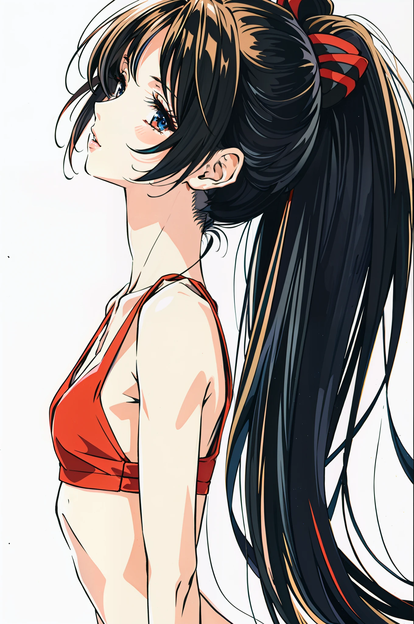 full length portrait photo, beautiful anorexic Asuka Langley, very skinny in bikini, visible bones and ribs, small flat breasts, very small waist, thin legs, beautiful face, profile view of Asuka Langley very skinny, white background.