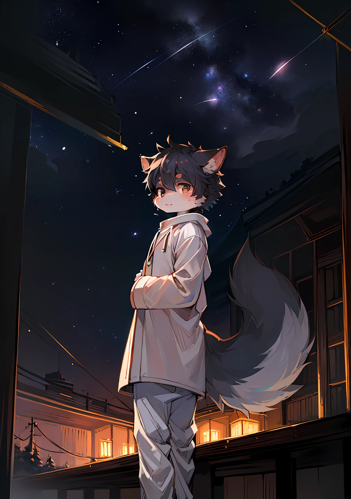 (Bright Environment: 0.8), Masterpiece, High Quality, Abstract Res, Digital Painting\(Artwork\), by Dagasi, Yupa, Kiyosan, (Anthro, Fluffy Fur, Character Focus: 1.1), Anthro Male Cat, Short Hair, Portrait , bright eyes, panorama, character focus. (Detailed background: 0.7), Furry, Furry male, Male focus, Anthr, (full body fur, big fluffy tail, white fur, black eyes: 1.2), (long canine, junior high school student, pure white robe, white trousers, white top: 1.2), (night, starry sky, shooting stars, lots of golden dots, starry sky: 1.1)
