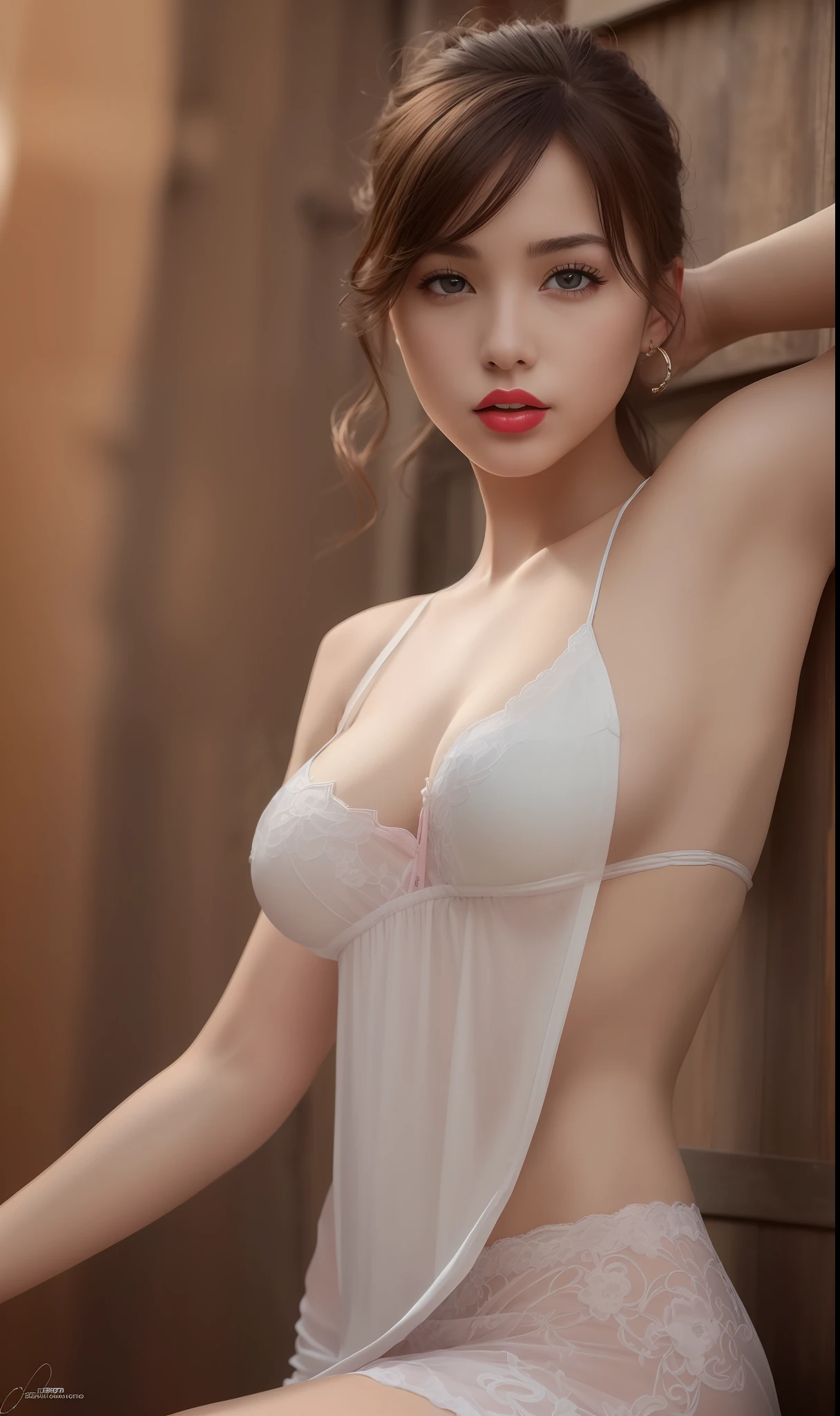 (masterpiece, best quality, extremely detailed 8k, ultra hd, ultra-detailed, highly detailed, highly realistic, ultra-realistic, photo realistic), (1girl:1.5), (detailed realistic skin), (realistic big breasts), (pink lipstick), slender abs,