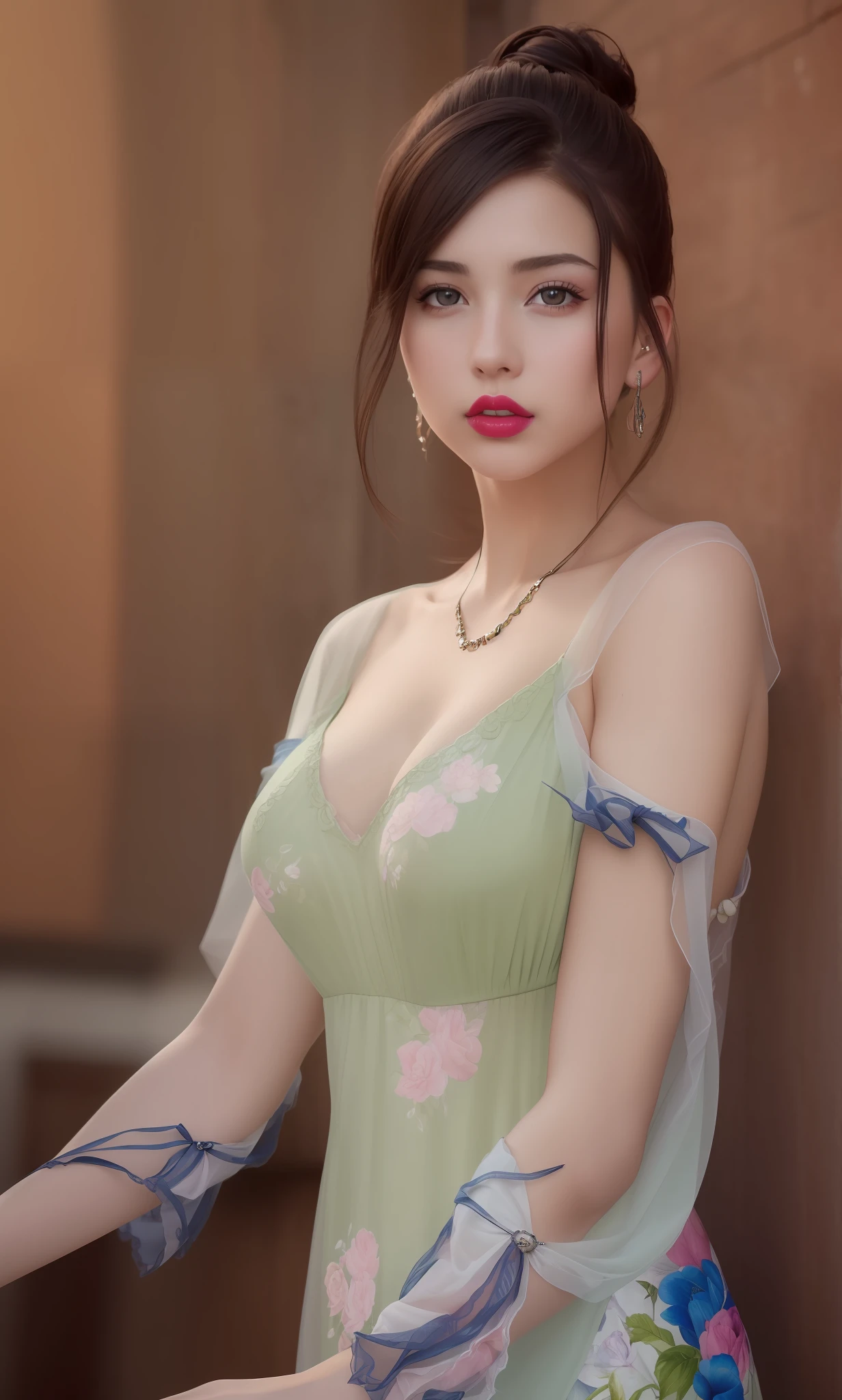 (masterpiece, best quality, extremely detailed 8k, ultra hd, ultra-detailed, highly detailed, highly realistic, ultra-realistic, photo realistic), (1girl:1.5), (detailed realistic skin), (realistic big breasts), (pink lipstick), slender abs,