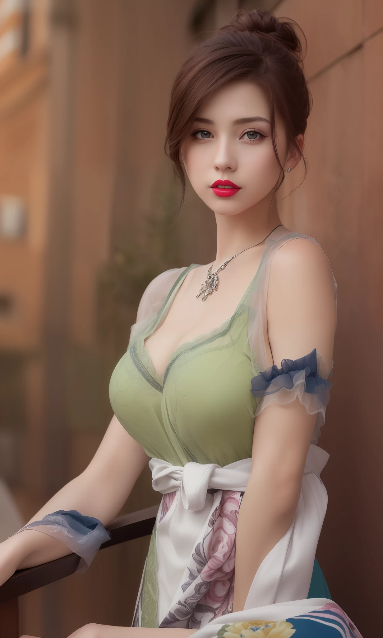 (masterpiece, best quality, extremely detailed 8k, ultra hd, ultra-detailed, highly detailed, highly realistic, ultra-realistic, photo realistic), (1girl:1.5), (detailed realistic skin), (realistic big breasts), (pink lipstick), slender abs,